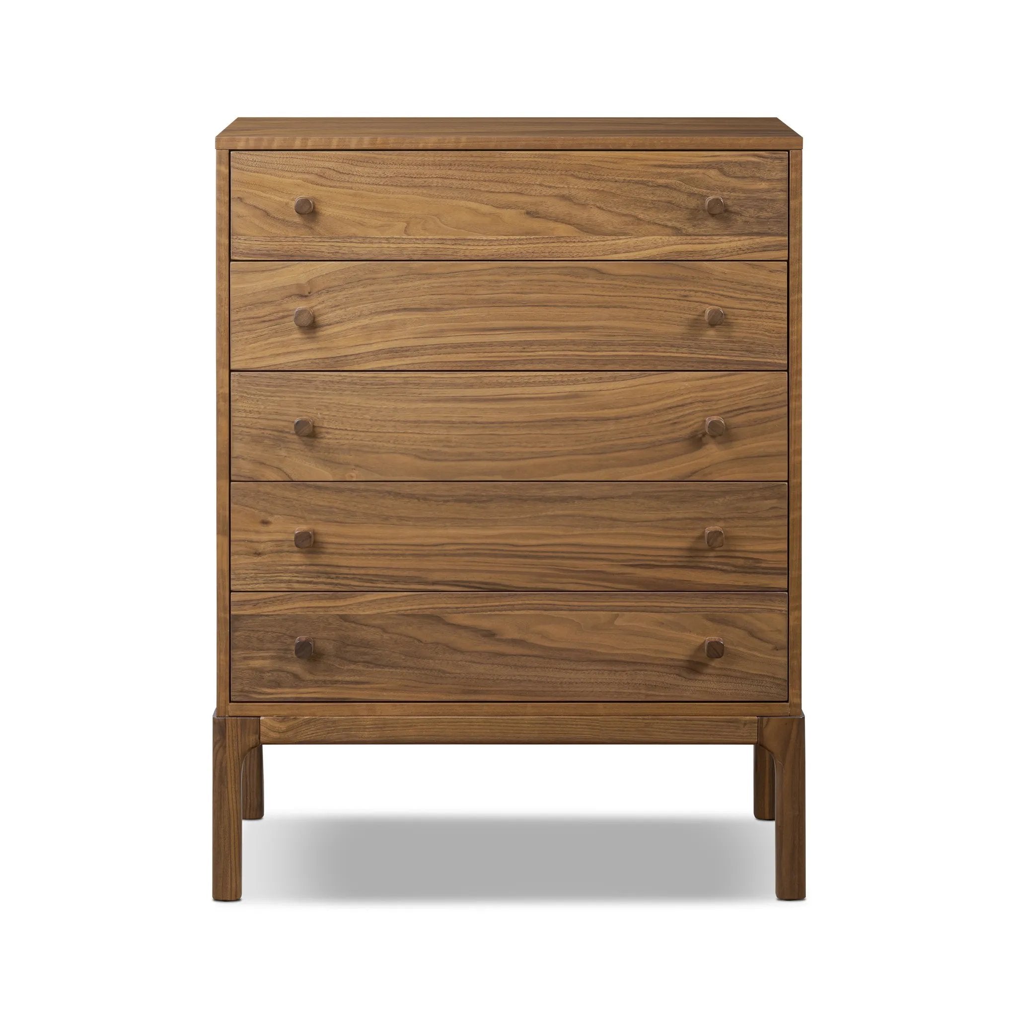 Inspired by campaign-style furniture of the 1800s — packable pieces first designed for traveling military use — a simply shaped chest of natural walnut features a subtly inset top and rounded legs, finished with wooden hardware. This item has been modified to comply with the STURDY Act. Amethyst Home provides interior design, new home construction design consulting, vintage area rugs, and lighting in the Charlotte metro area.