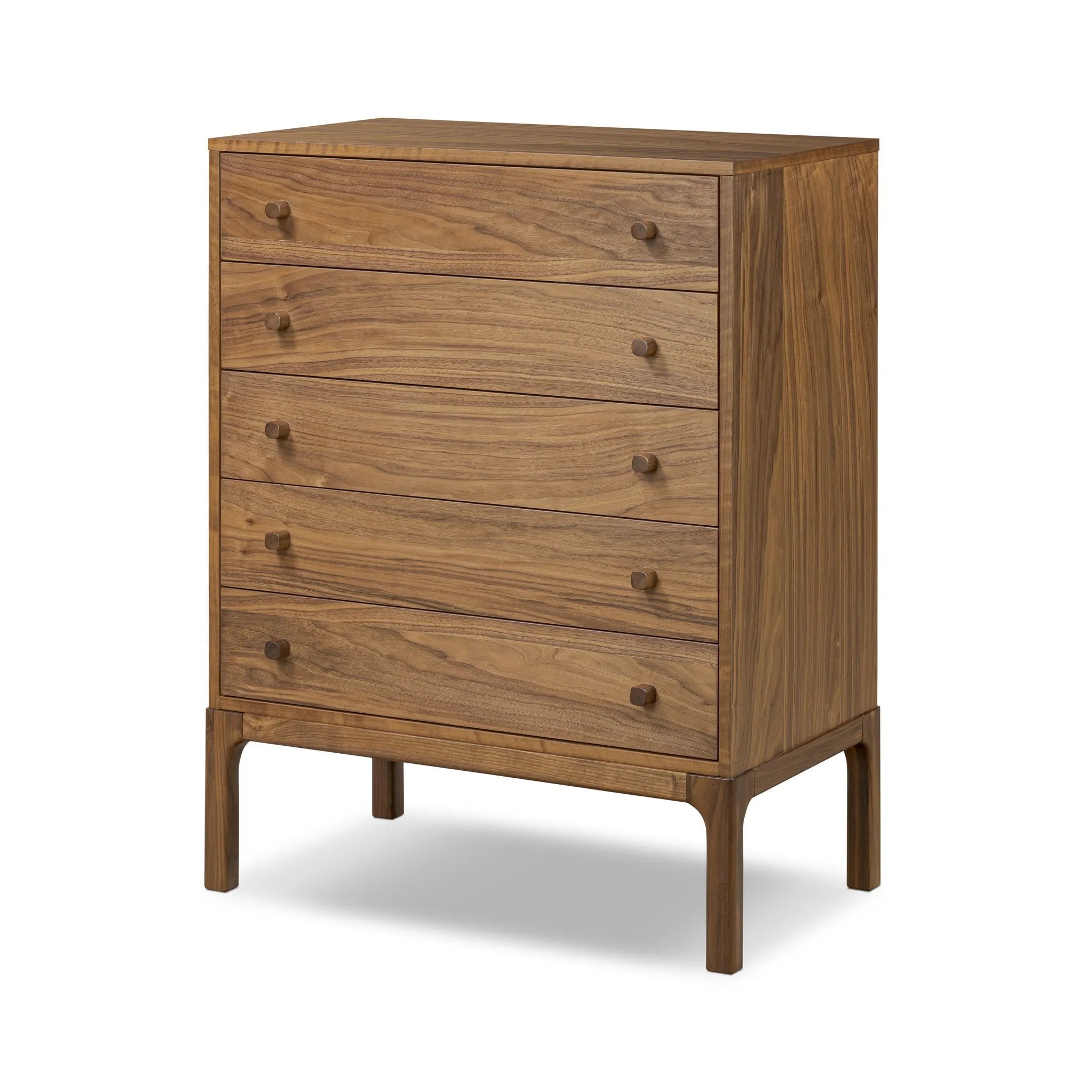 Inspired by campaign-style furniture of the 1800s — packable pieces first designed for traveling military use — a simply shaped chest of natural walnut features a subtly inset top and rounded legs, finished with wooden hardware. This item has been modified to comply with the STURDY Act. Amethyst Home provides interior design, new home construction design consulting, vintage area rugs, and lighting in the Portland metro area.