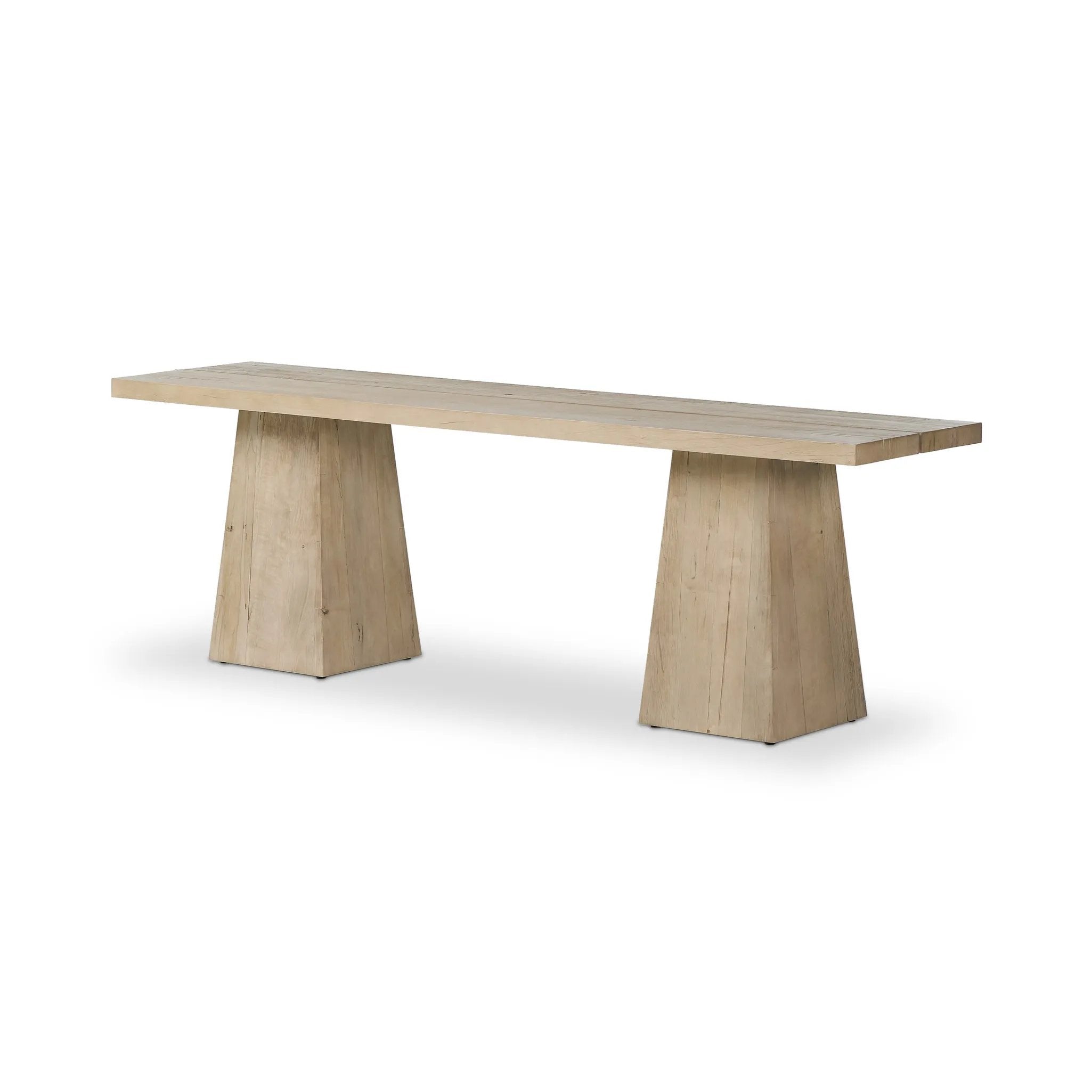 Bleached alder shapes a streamlined console table, with angular lines and wide proportions for a clean look with substance Amethyst Home provides interior design, new home construction design consulting, vintage area rugs, and lighting in the Houston metro area.