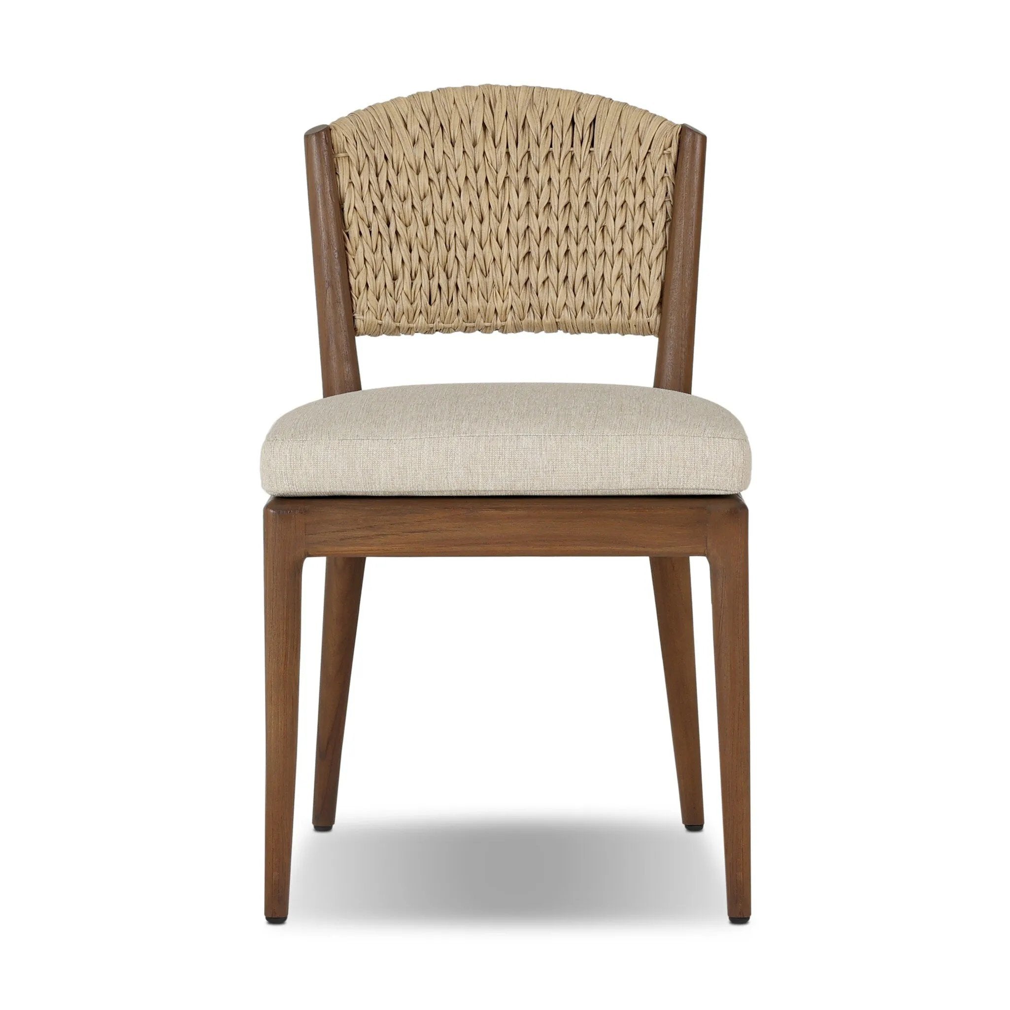A fresh take on the traditional woven style, this outdoor dining chair features a faux banana leaf material wrapped in a bold, chunky texture around FSC®-certified teak framing. Cover or store indoors during inclement weather and when not in use. Amethyst Home provides interior design, new home construction design consulting, vintage area rugs, and lighting in the Kansas City metro area.