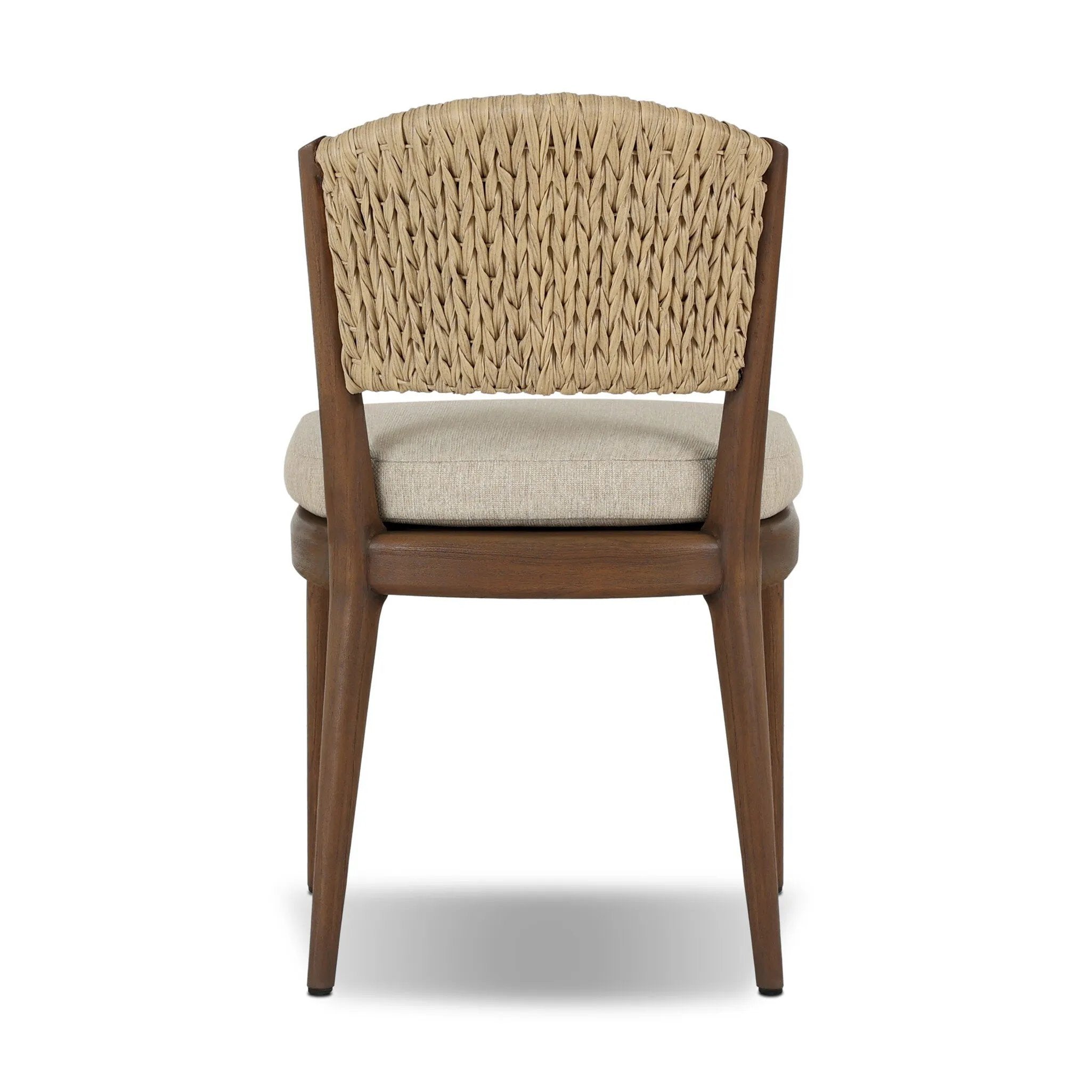 A fresh take on the traditional woven style, this outdoor dining chair features a faux banana leaf material wrapped in a bold, chunky texture around FSC®-certified teak framing. Cover or store indoors during inclement weather and when not in use. Amethyst Home provides interior design, new home construction design consulting, vintage area rugs, and lighting in the Salt Lake City metro area.
