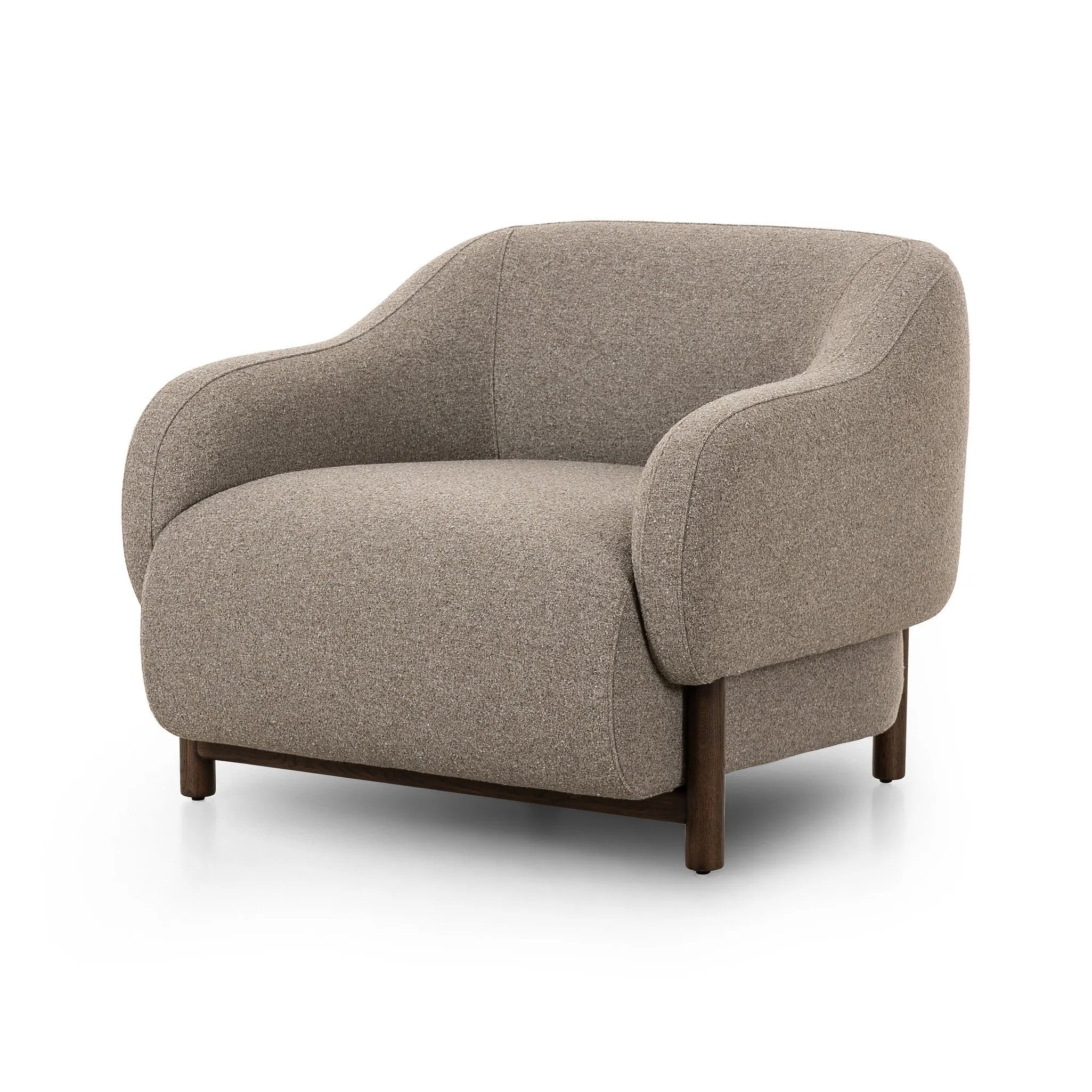 Featuring Audrey Weslie Feather Chair by Four Hands at Amethyst Home. This elevated arm chair features a clean top piece that partially overlaps its bottom counterpart and seamlessly blends the back cushion into the armrests in one fluid form. The seat's legs appear to extend from the seat and back, adding architectural interest. Upholstered in a recycled T. Amethyst Home provides interior design, new home construction design consulting, vintage area rugs, and lighting in the Park City metro area.