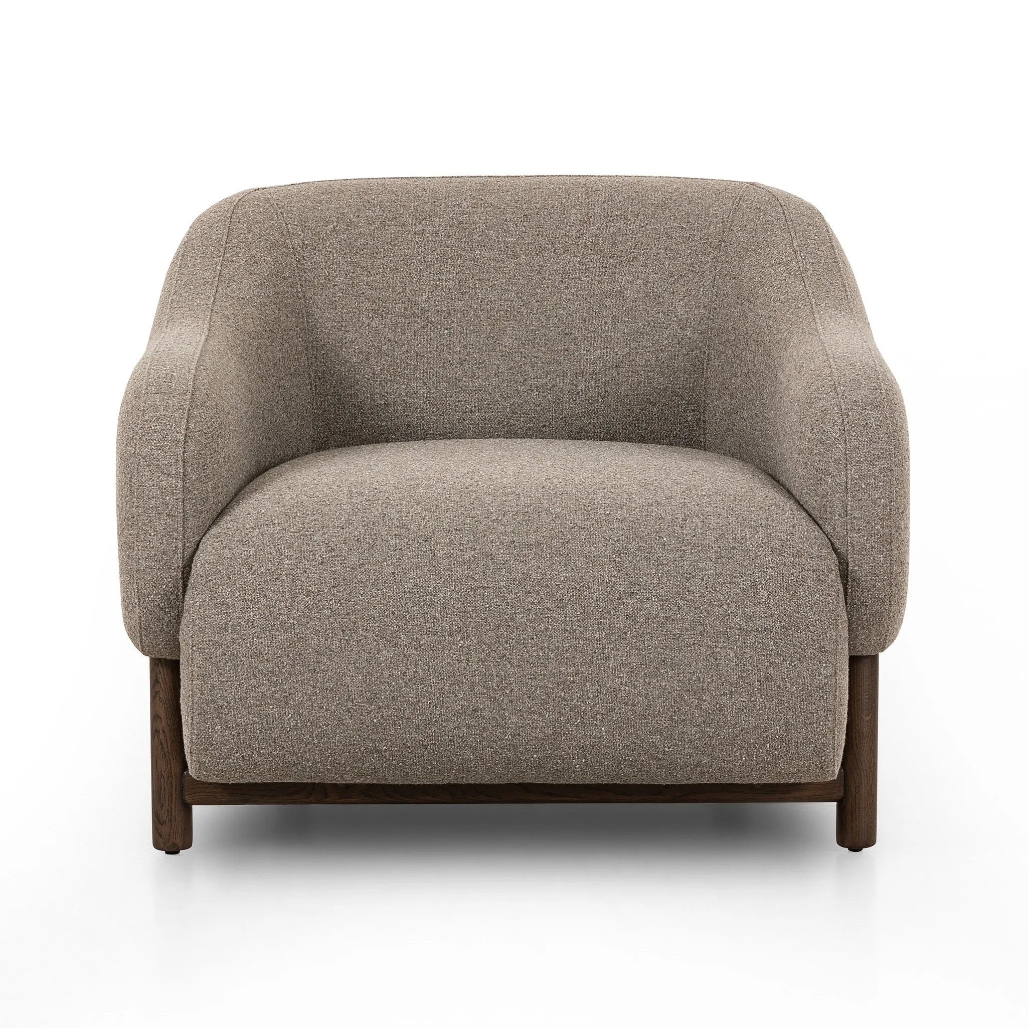 Featuring Audrey Weslie Feather Chair by Four Hands at Amethyst Home. This elevated arm chair features a clean top piece that partially overlaps its bottom counterpart and seamlessly blends the back cushion into the armrests in one fluid form. The seat's legs appear to extend from the seat and back, adding architectural interest. Upholstered in a recycled Tu. Amethyst Home provides interior design, new home construction design consulting, vintage area rugs, and lighting in the Portland metro area.