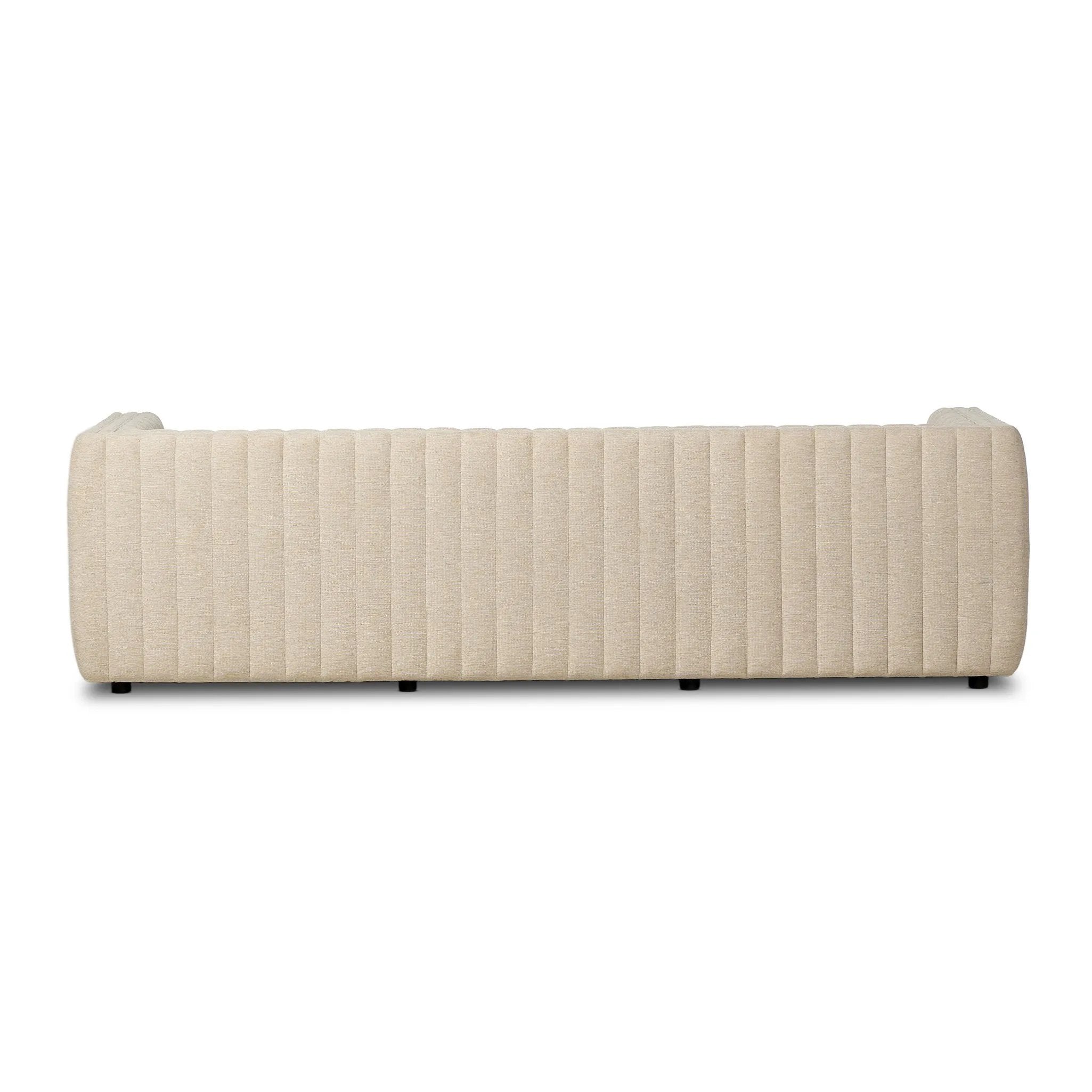 A dramatically channeled outdoor sofa with subtly textured upholstery for a clean, inviting look. Cover or store indoors during inclement weather and when not in use Amethyst Home provides interior design, new home construction design consulting, vintage area rugs, and lighting in the Tampa metro area.