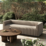 A dramatically channeled outdoor sofa with subtly textured upholstery for a clean, inviting look. Cover or store indoors during inclement weather and when not in use Amethyst Home provides interior design, new home construction design consulting, vintage area rugs, and lighting in the Omaha metro area.