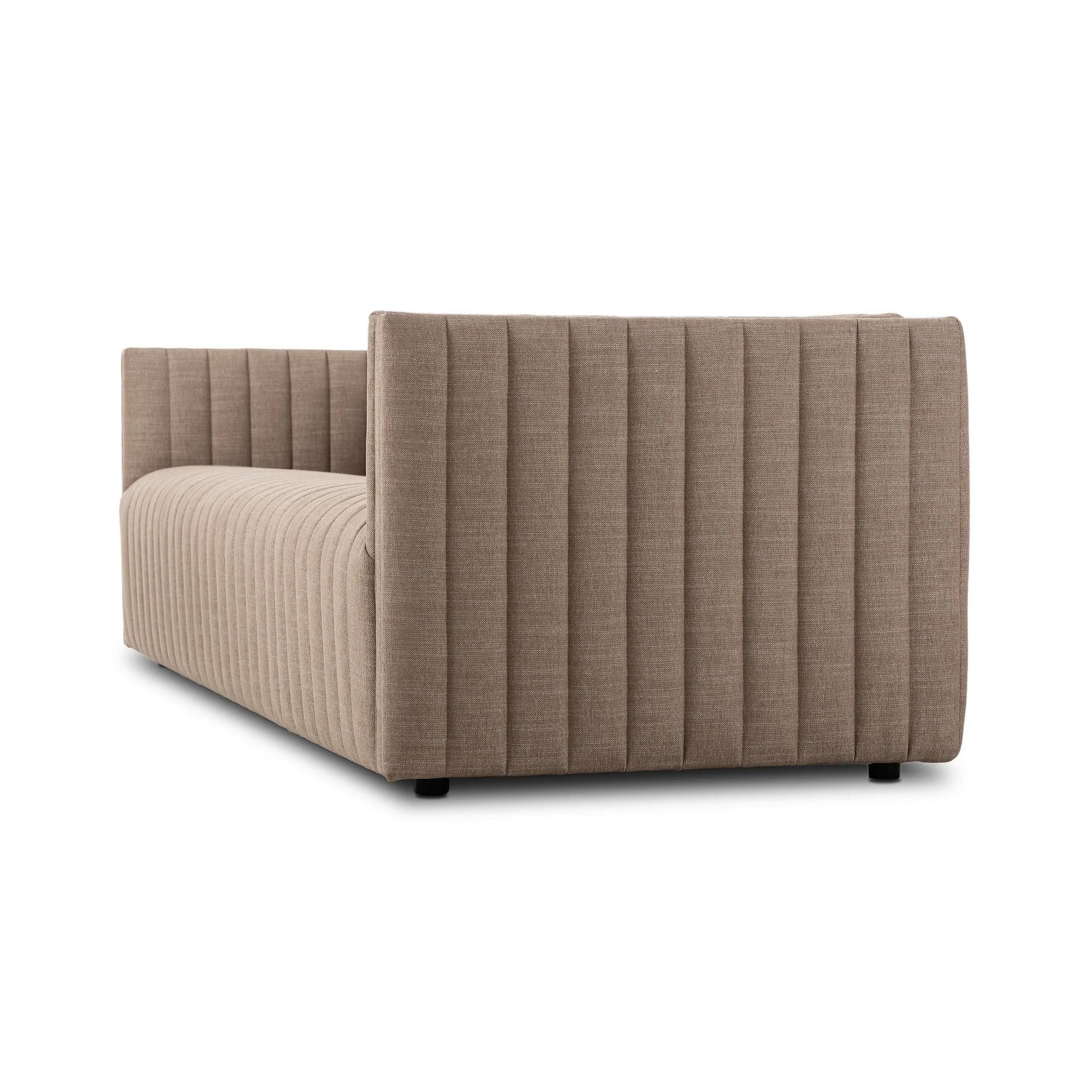 Velvety poly-blend seating takes on dramatic channeling and rich navy hue for trend-forward texture and sumptuous sit Amethyst Home provides interior design, new home construction design consulting, vintage area rugs, and lighting in the Austin metro area.