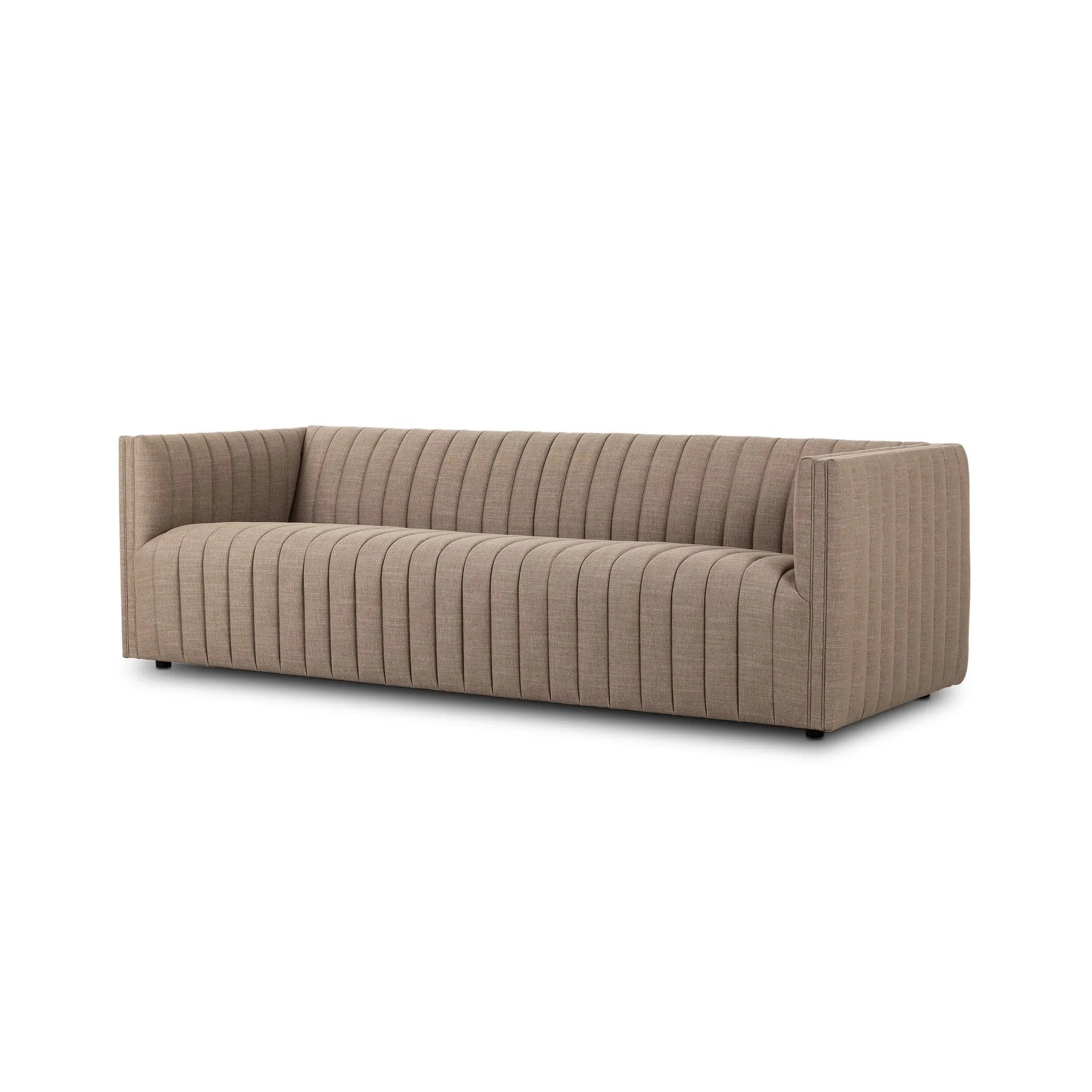 Velvety poly-blend seating takes on dramatic channeling and rich navy hue for trend-forward texture and sumptuous sit Amethyst Home provides interior design, new home construction design consulting, vintage area rugs, and lighting in the Kansas City metro area.