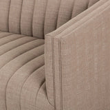 Velvety poly-blend seating takes on dramatic channeling and rich navy hue for trend-forward texture and sumptuous sit Amethyst Home provides interior design, new home construction design consulting, vintage area rugs, and lighting in the Park City metro area.