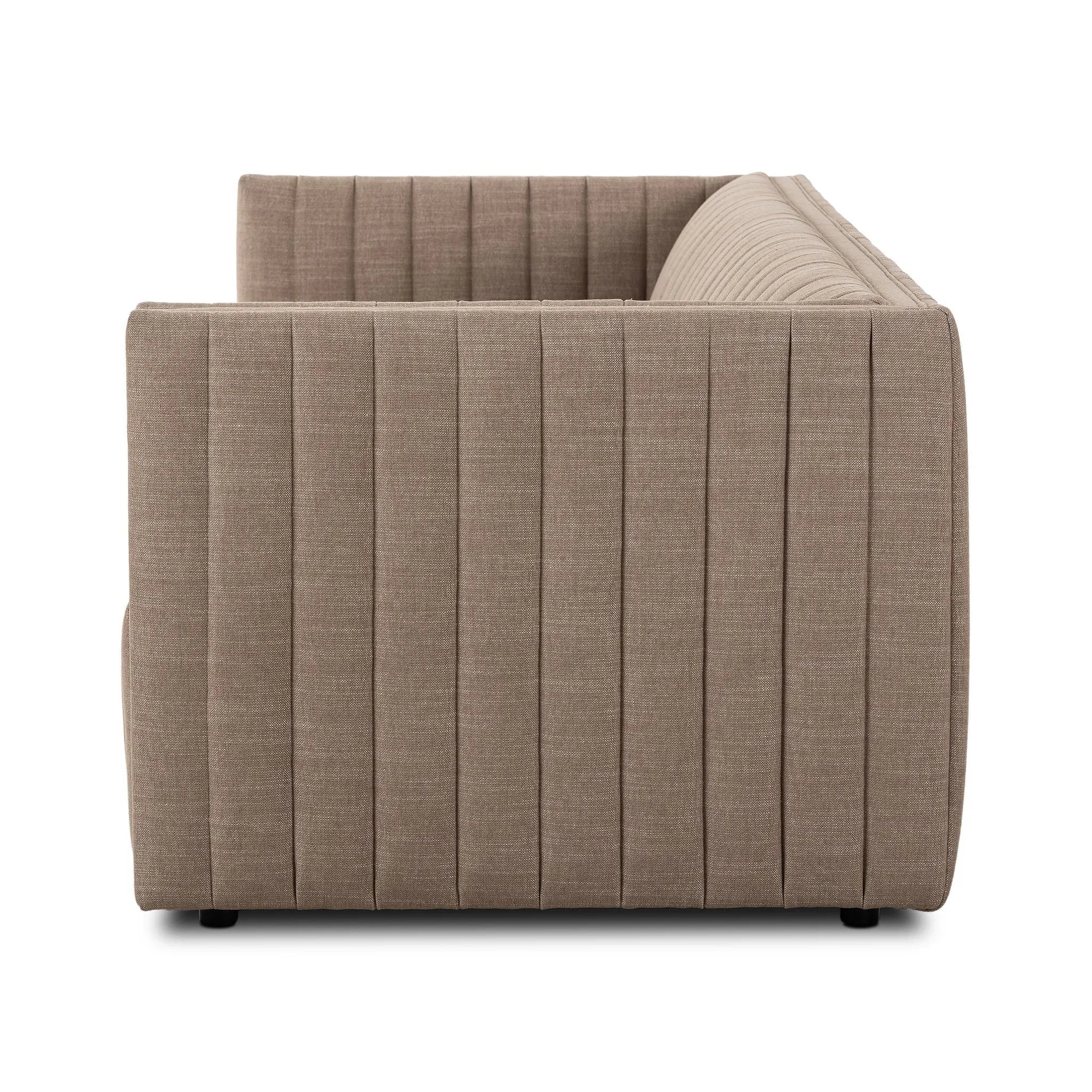 Velvety poly-blend seating takes on dramatic channeling and rich navy hue for trend-forward texture and sumptuous sit Amethyst Home provides interior design, new home construction design consulting, vintage area rugs, and lighting in the San Diego metro area.