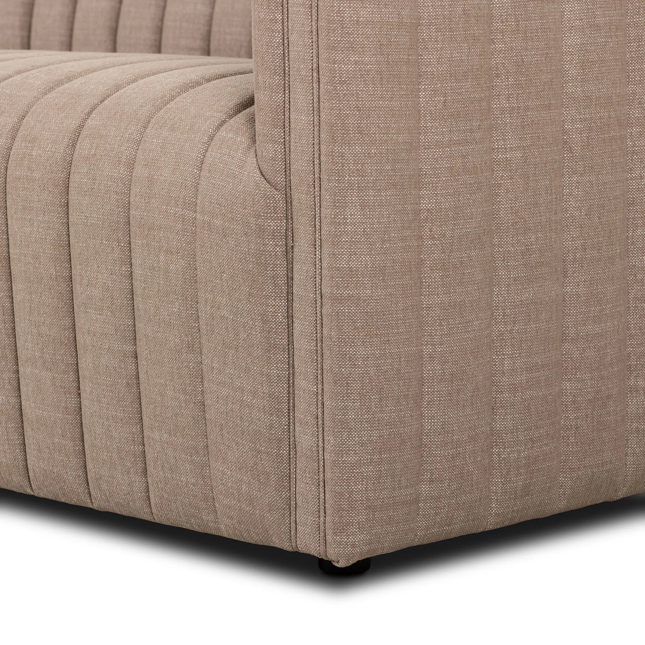 Velvety poly-blend seating takes on dramatic channeling and rich navy hue for trend-forward texture and sumptuous sit Amethyst Home provides interior design, new home construction design consulting, vintage area rugs, and lighting in the Scottsdale metro area.