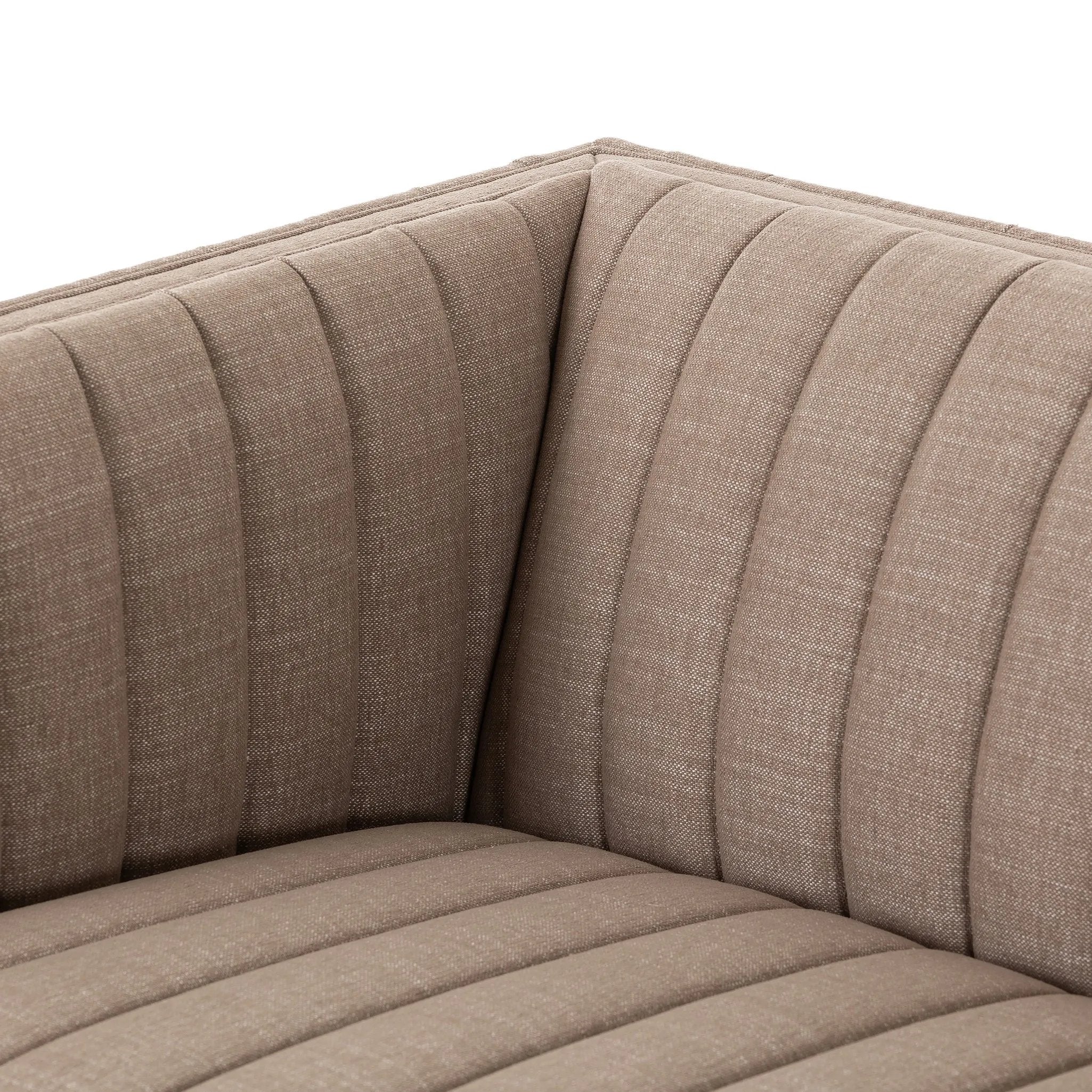 Velvety poly-blend seating takes on dramatic channeling and rich navy hue for trend-forward texture and sumptuous sit Amethyst Home provides interior design, new home construction design consulting, vintage area rugs, and lighting in the Seattle metro area.