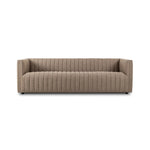 Velvety poly-blend seating takes on dramatic channeling and rich navy hue for trend-forward texture and sumptuous sit Amethyst Home provides interior design, new home construction design consulting, vintage area rugs, and lighting in the Washington metro area.