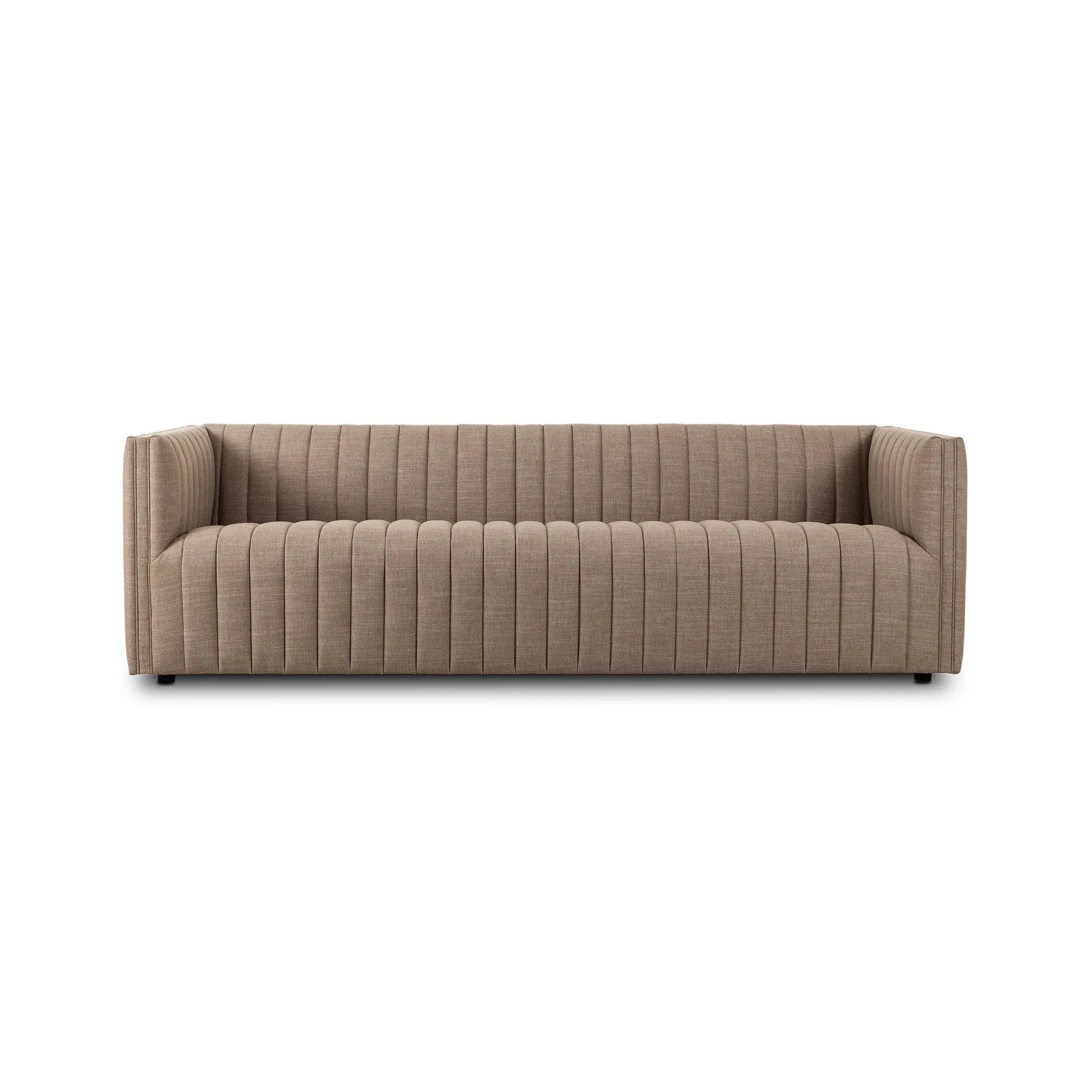 Velvety poly-blend seating takes on dramatic channeling and rich navy hue for trend-forward texture and sumptuous sit Amethyst Home provides interior design, new home construction design consulting, vintage area rugs, and lighting in the Washington metro area.