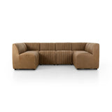 Featuring Augustine Palermo Drift Dining Banquette U Shape 106" by Four Hands at Amethyst Home. The beauty of this modular piece is that the vertical channeling makes for a cohesive feel despite being modular. Your new favorite place to enjoy morning coffee. A U-shaped dining banquette is upholstered in tan top-grain leather with a beautifully pronounced grain. Amethyst Home provides interior design, new home construction design consulting, vintage area rugs, and lighting in the Boston metro area.