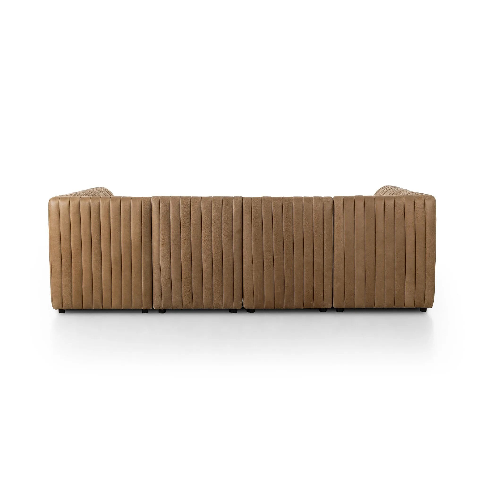 Featuring Augustine Palermo Drift Dining Banquette U Shape 106" by Four Hands at Amethyst Home. The beauty of this modular piece is that the vertical channeling makes for a cohesive feel despite being modular. Your new favorite place to enjoy morning coffee. A U-shaped dining banquette is upholstered in tan top-grain leather with a beautifully pronounced g. Amethyst Home provides interior design, new home construction design consulting, vintage area rugs, and lighting in the Des Moines metro area.