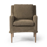 Heritage-inspired comfort. Sloping track arms are a study in playful forms, while the frame's fluid shape creates a simple, polished look. Tapered legs extend beyond a short skirt for a more relaxed style. Covered in 100% linen. A design collaboration by Amber Lewis and Four Hands. Amethyst Home provides interior design, new home construction design consulting, vintage area rugs, and lighting in the San Diego metro area.