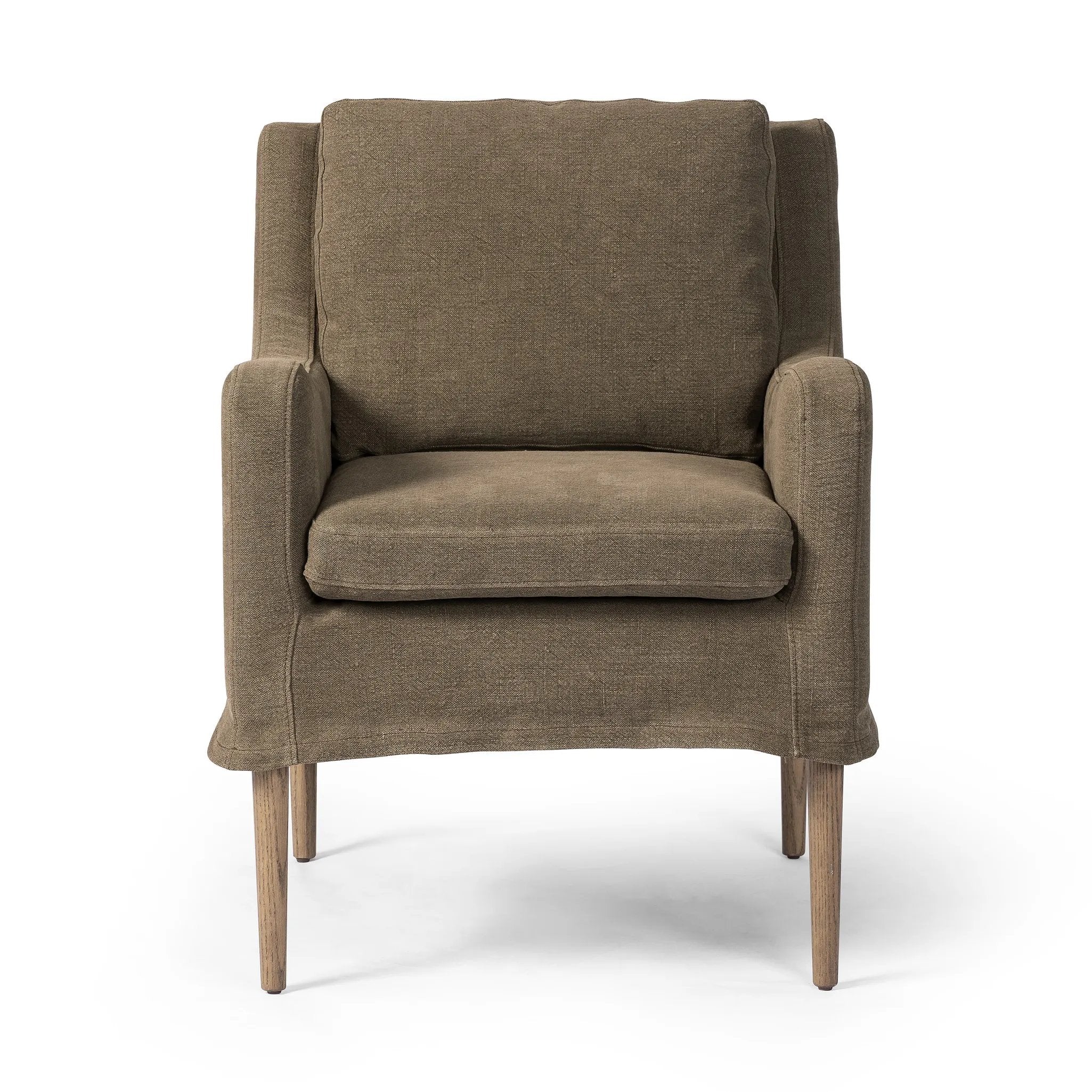Heritage-inspired comfort. Sloping track arms are a study in playful forms, while the frame's fluid shape creates a simple, polished look. Tapered legs extend beyond a short skirt for a more relaxed style. Covered in 100% linen. A design collaboration by Amber Lewis and Four Hands. Amethyst Home provides interior design, new home construction design consulting, vintage area rugs, and lighting in the San Diego metro area.