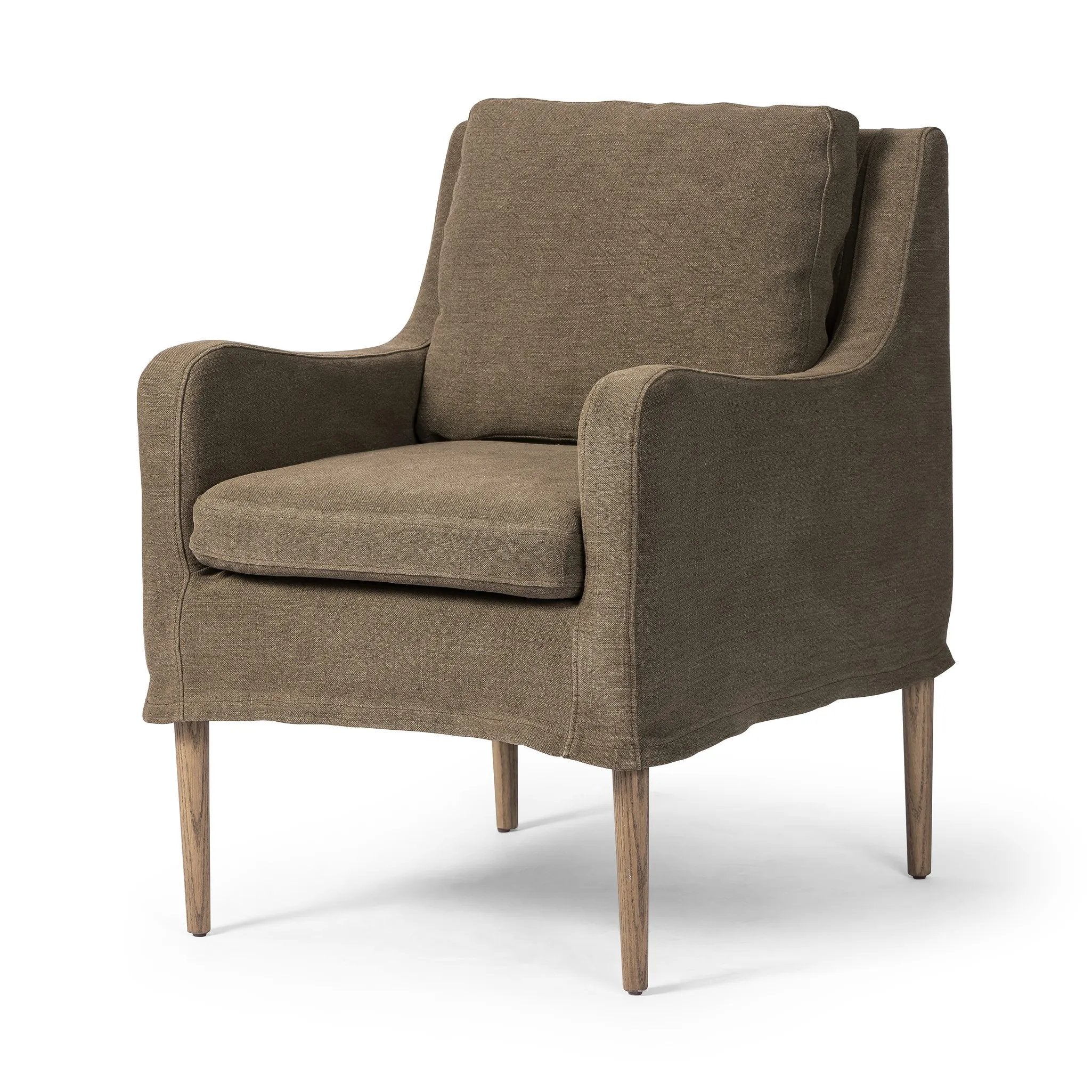 Heritage-inspired comfort. Sloping track arms are a study in playful forms, while the frame's fluid shape creates a simple, polished look. Tapered legs extend beyond a short skirt for a more relaxed style. Covered in 100% linen. A design collaboration by Amber Lewis and Four Hands. Amethyst Home provides interior design, new home construction design consulting, vintage area rugs, and lighting in the Winter Garden metro area.