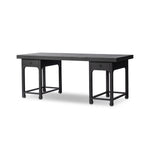 Inspired by Chinese antiques, a spacious desk of aged black oak features a double-leg design, bringing a substantial look to your workspace Amethyst Home provides interior design, new home construction design consulting, vintage area rugs, and lighting in the Los Angeles metro area.