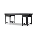 Inspired by Chinese antiques, a spacious desk of aged black oak features a double-leg design, bringing a substantial look to your workspace Amethyst Home provides interior design, new home construction design consulting, vintage area rugs, and lighting in the Los Angeles metro area.