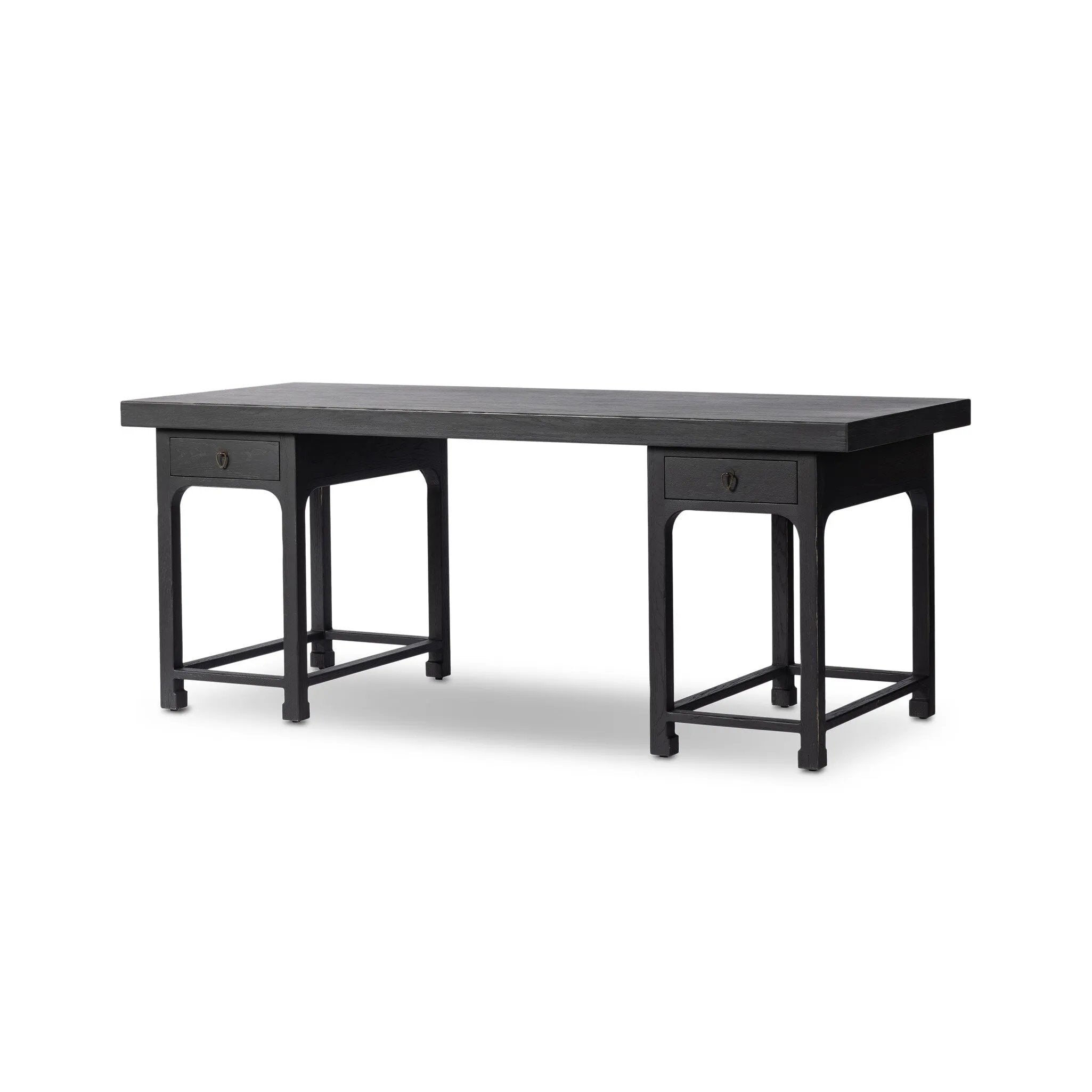 Inspired by Chinese antiques, a spacious desk of aged black oak features a double-leg design, bringing a substantial look to your workspace Amethyst Home provides interior design, new home construction design consulting, vintage area rugs, and lighting in the Los Angeles metro area.