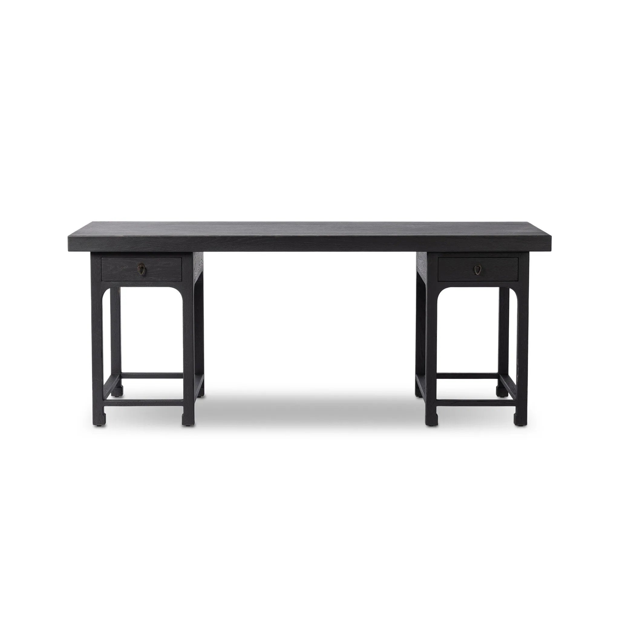 Inspired by Chinese antiques, a spacious desk of aged black oak features a double-leg design, bringing a substantial look to your workspace Amethyst Home provides interior design, new home construction design consulting, vintage area rugs, and lighting in the Monterey metro area.
