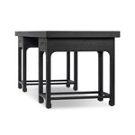 Inspired by Chinese antiques, a spacious desk of aged black oak features a double-leg design, bringing a substantial look to your workspace Amethyst Home provides interior design, new home construction design consulting, vintage area rugs, and lighting in the Portland metro area.