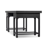 Inspired by Chinese antiques, a spacious desk of aged black oak features a double-leg design, bringing a substantial look to your workspace Amethyst Home provides interior design, new home construction design consulting, vintage area rugs, and lighting in the Portland metro area.