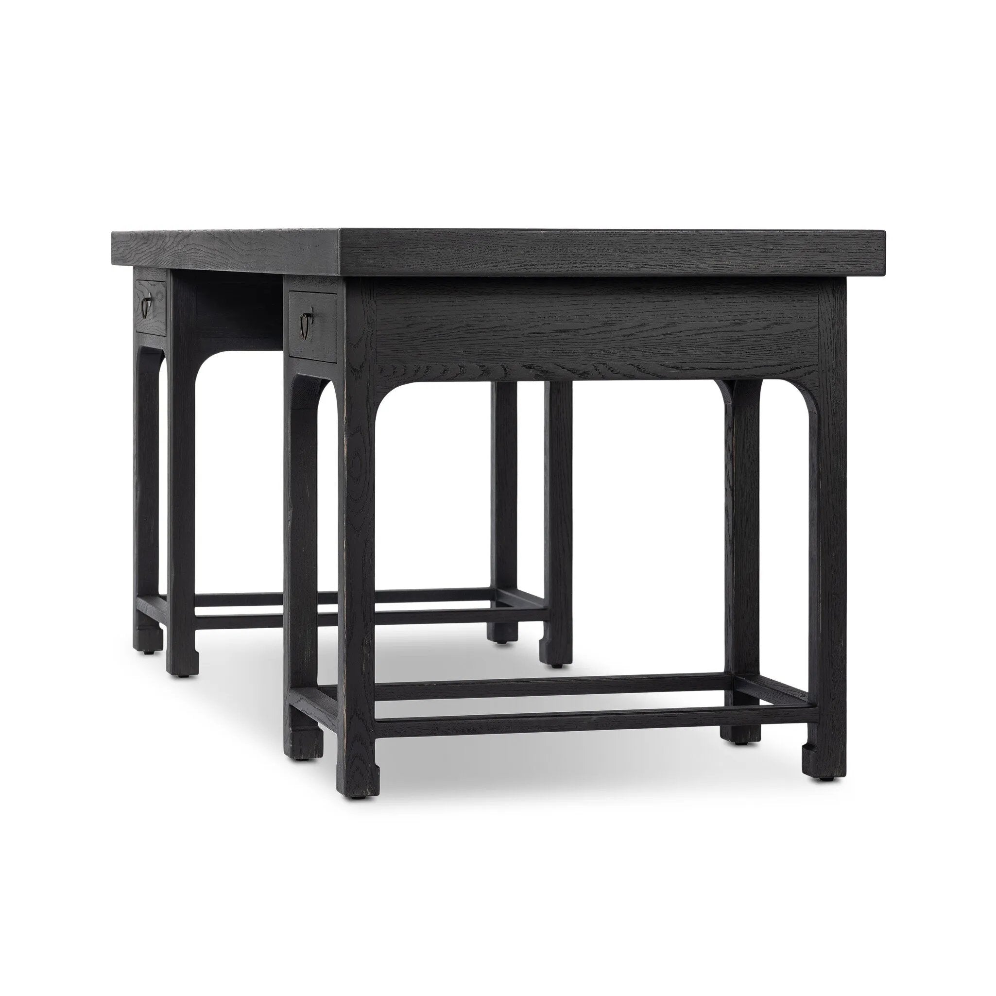 Inspired by Chinese antiques, a spacious desk of aged black oak features a double-leg design, bringing a substantial look to your workspace Amethyst Home provides interior design, new home construction design consulting, vintage area rugs, and lighting in the Portland metro area.