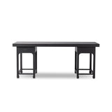 Inspired by Chinese antiques, a spacious desk of aged black oak features a double-leg design, bringing a substantial look to your workspace Amethyst Home provides interior design, new home construction design consulting, vintage area rugs, and lighting in the Salt Lake City metro area.