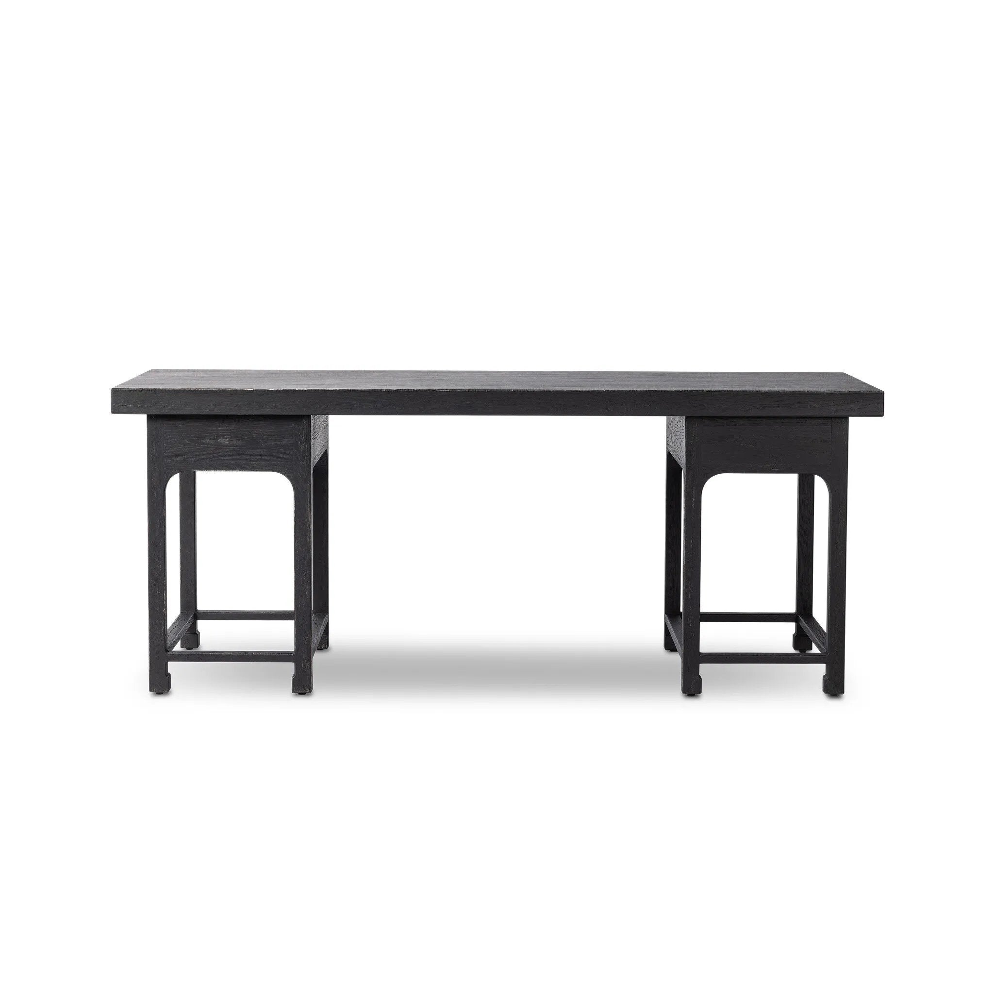 Inspired by Chinese antiques, a spacious desk of aged black oak features a double-leg design, bringing a substantial look to your workspace Amethyst Home provides interior design, new home construction design consulting, vintage area rugs, and lighting in the Salt Lake City metro area.