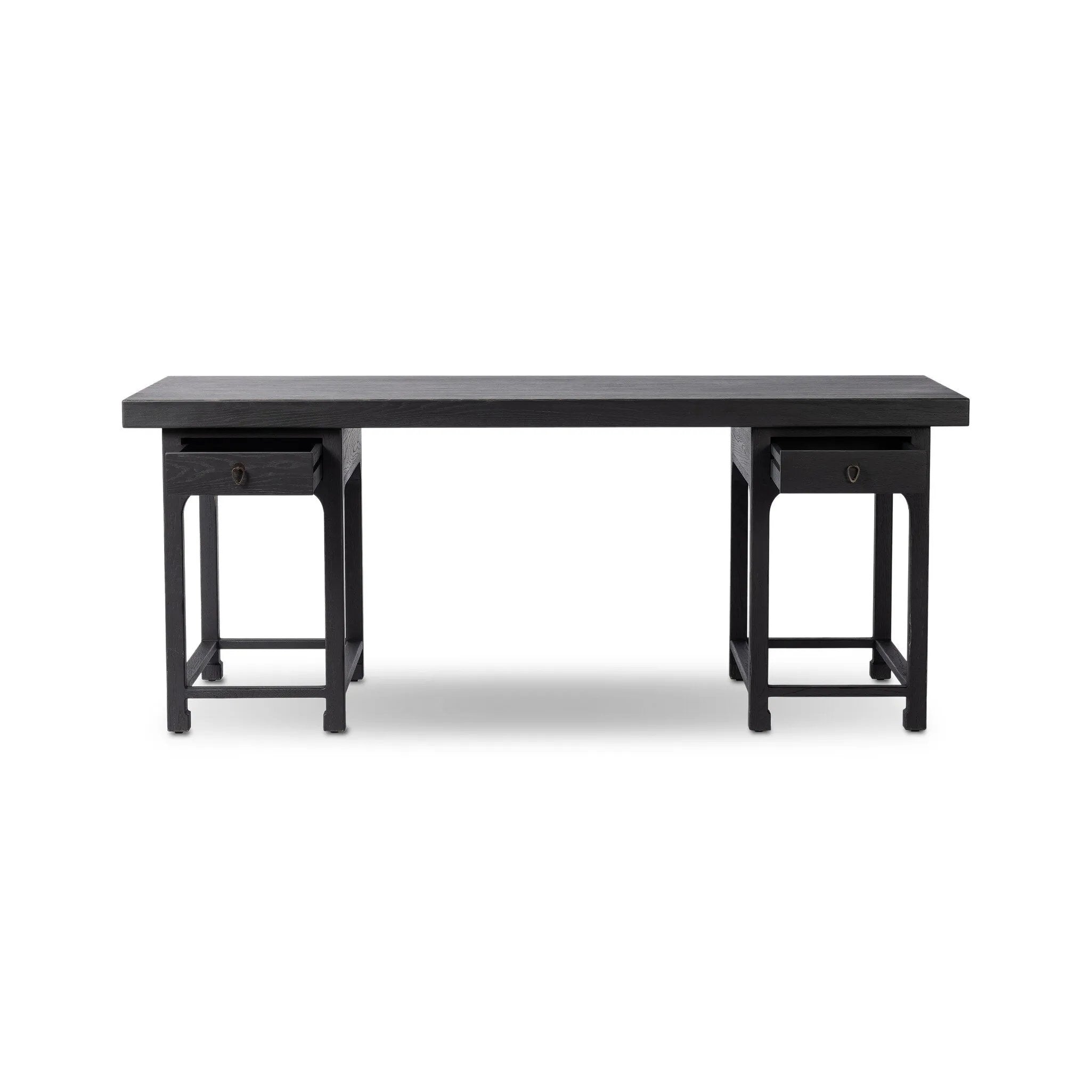 Inspired by Chinese antiques, a spacious desk of aged black oak features a double-leg design, bringing a substantial look to your workspace Amethyst Home provides interior design, new home construction design consulting, vintage area rugs, and lighting in the Scottsdale metro area.