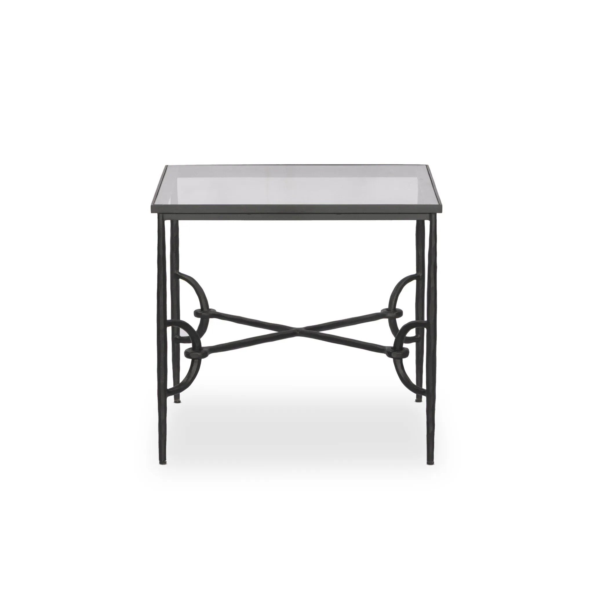 A slim frame of hammered gunmetal pairs with tempered glass, for a clean and timeless end table look. Stretchers attach to metal loops for an elevated design detail Amethyst Home provides interior design, new home construction design consulting, vintage area rugs, and lighting in the Charlotte metro area.