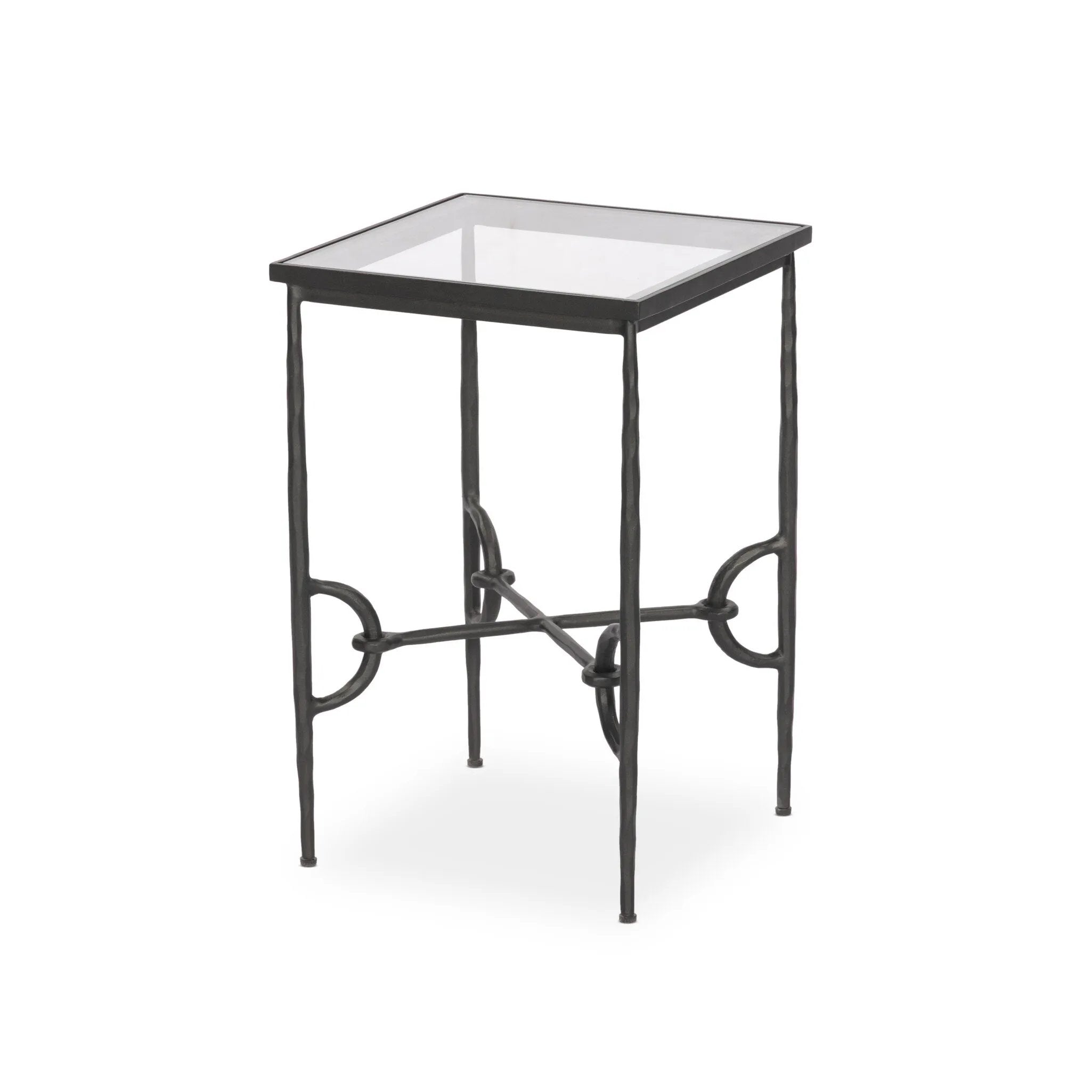 A slim, spare frame of hammered gunmetal pairs with tempered glass, for a clean and timeless end table look. Stretchers attach to metal loops for an elevated design detail Amethyst Home provides interior design, new home construction design consulting, vintage area rugs, and lighting in the Boston metro area.