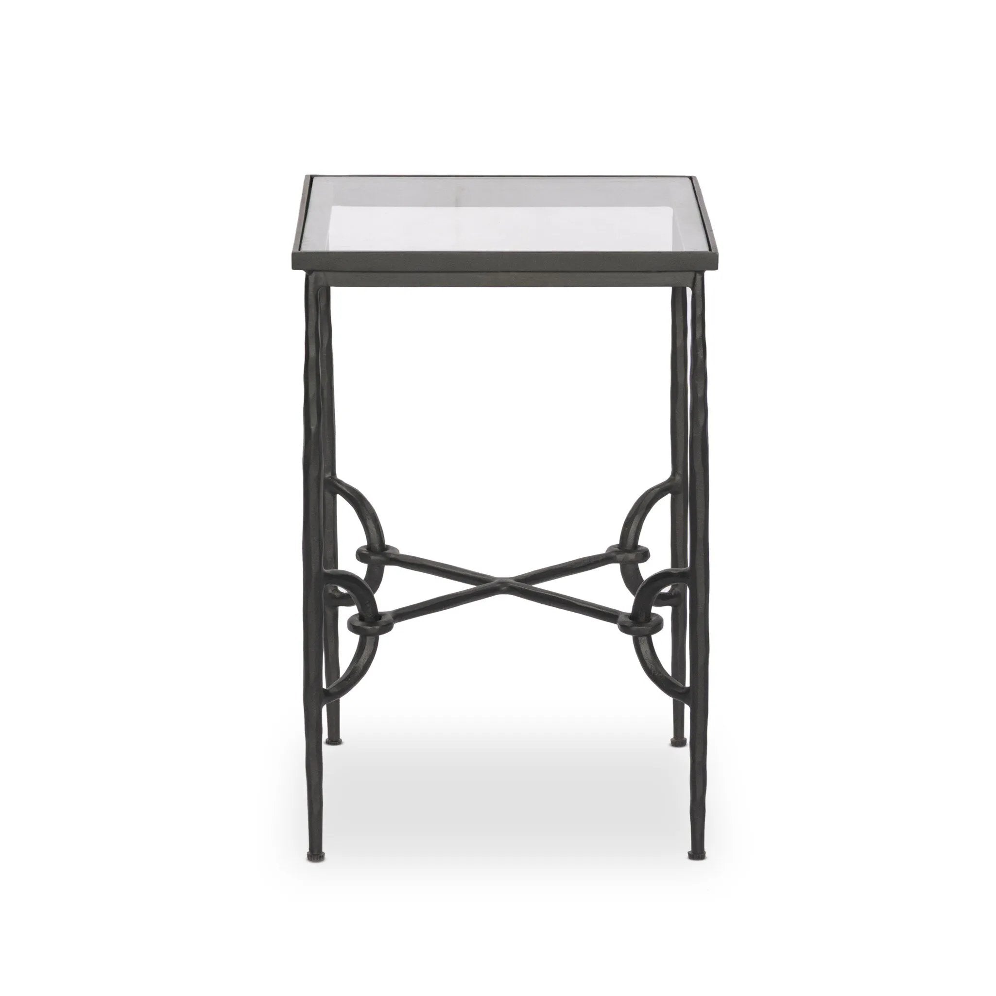 A slim, spare frame of hammered gunmetal pairs with tempered glass, for a clean and timeless end table look. Stretchers attach to metal loops for an elevated design detail Amethyst Home provides interior design, new home construction design consulting, vintage area rugs, and lighting in the Calabasas metro area.