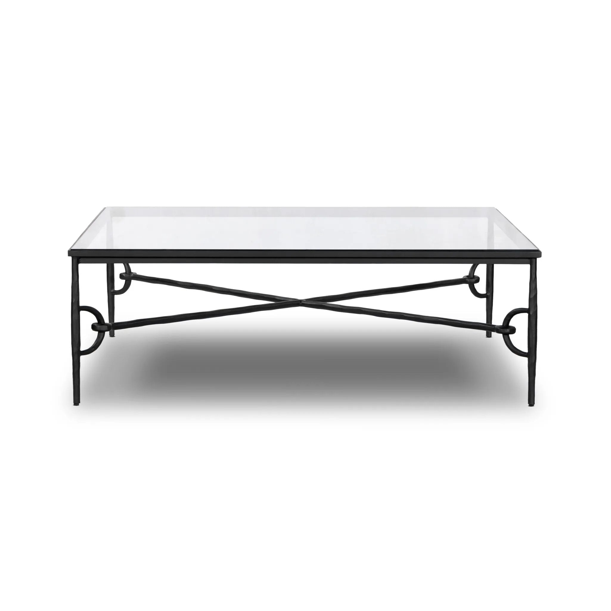 A slim, spare frame of hammered gunmetal pairs with tempered glass, for a clean and timeless coffee table look. Stretchers attach to metal loops for an elevated design detail Amethyst Home provides interior design, new home construction design consulting, vintage area rugs, and lighting in the Kansas City metro area.