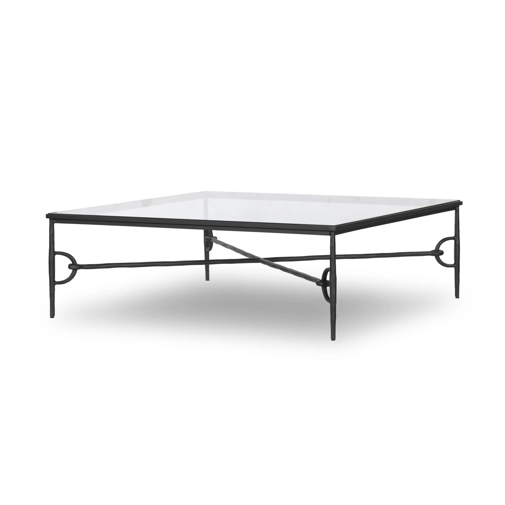A slim, spare frame of hammered gunmetal pairs with tempered glass, for a clean and timeless coffee table look. Stretchers attach to metal loops for an elevated design detail Amethyst Home provides interior design, new home construction design consulting, vintage area rugs, and lighting in the Salt Lake City metro area.