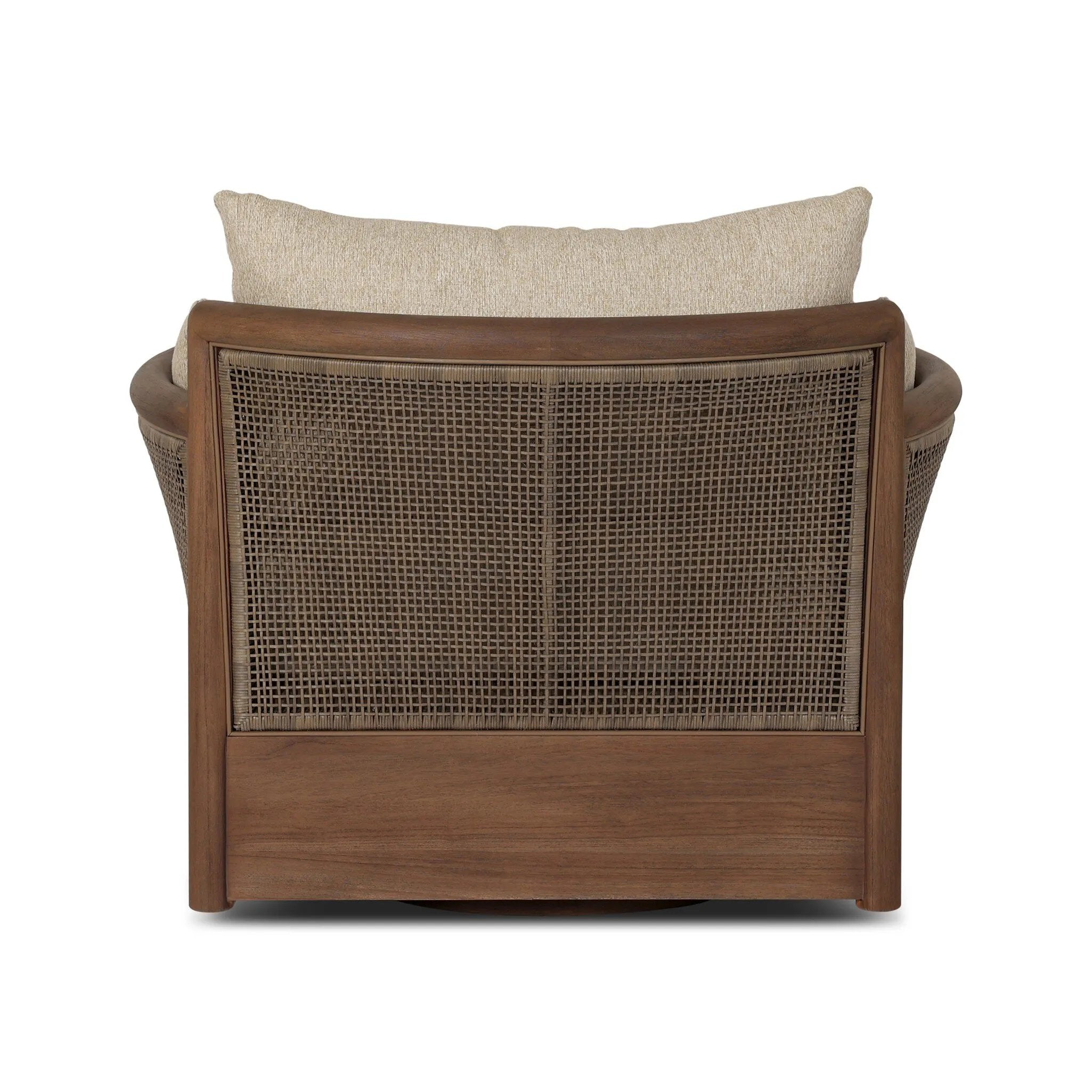 A fresh twist on classic cane weaving, this outdoor chair meets timeless design with durable, all-weather materials and a 360 swivel. Soft curves, plush cushions and elegant woven details bring indoor comfort outside, creating a seamless flow between your spaces. Elevate your outdoor living with a piece that feels as inviting as it looks. Amethyst Home provides interior design, new home construction design consulting, vintage area rugs, and lighting in the Alpharetta metro area.