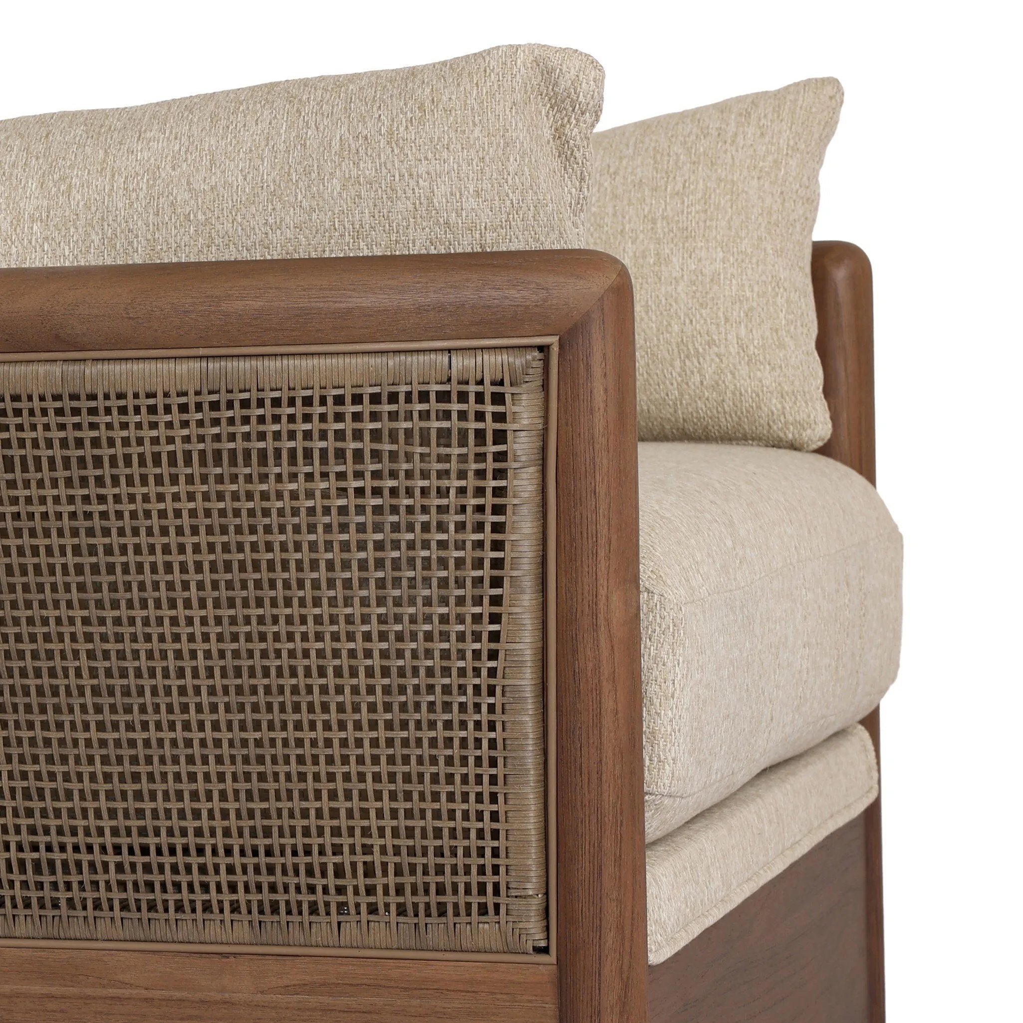 A fresh twist on classic cane weaving, this outdoor chair meets timeless design with durable, all-weather materials and a 360 swivel. Soft curves, plush cushions and elegant woven details bring indoor comfort outside, creating a seamless flow between your spaces. Elevate your outdoor living with a piece that feels as inviting as it looks. Amethyst Home provides interior design, new home construction design consulting, vintage area rugs, and lighting in the Austin metro area.