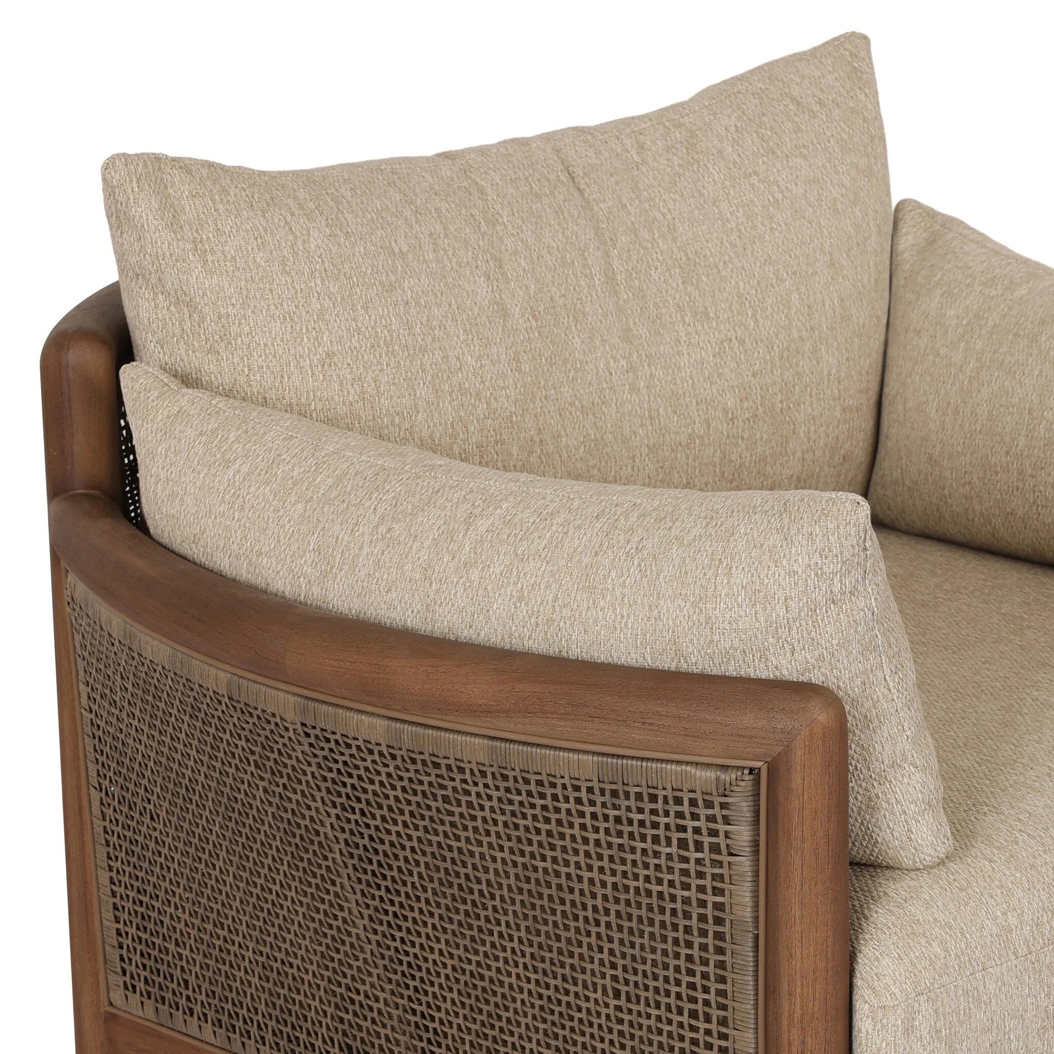 A fresh twist on classic cane weaving, this outdoor chair meets timeless design with durable, all-weather materials and a 360 swivel. Soft curves, plush cushions and elegant woven details bring indoor comfort outside, creating a seamless flow between your spaces. Elevate your outdoor living with a piece that feels as inviting as it looks. Amethyst Home provides interior design, new home construction design consulting, vintage area rugs, and lighting in the Scottsdale metro area.