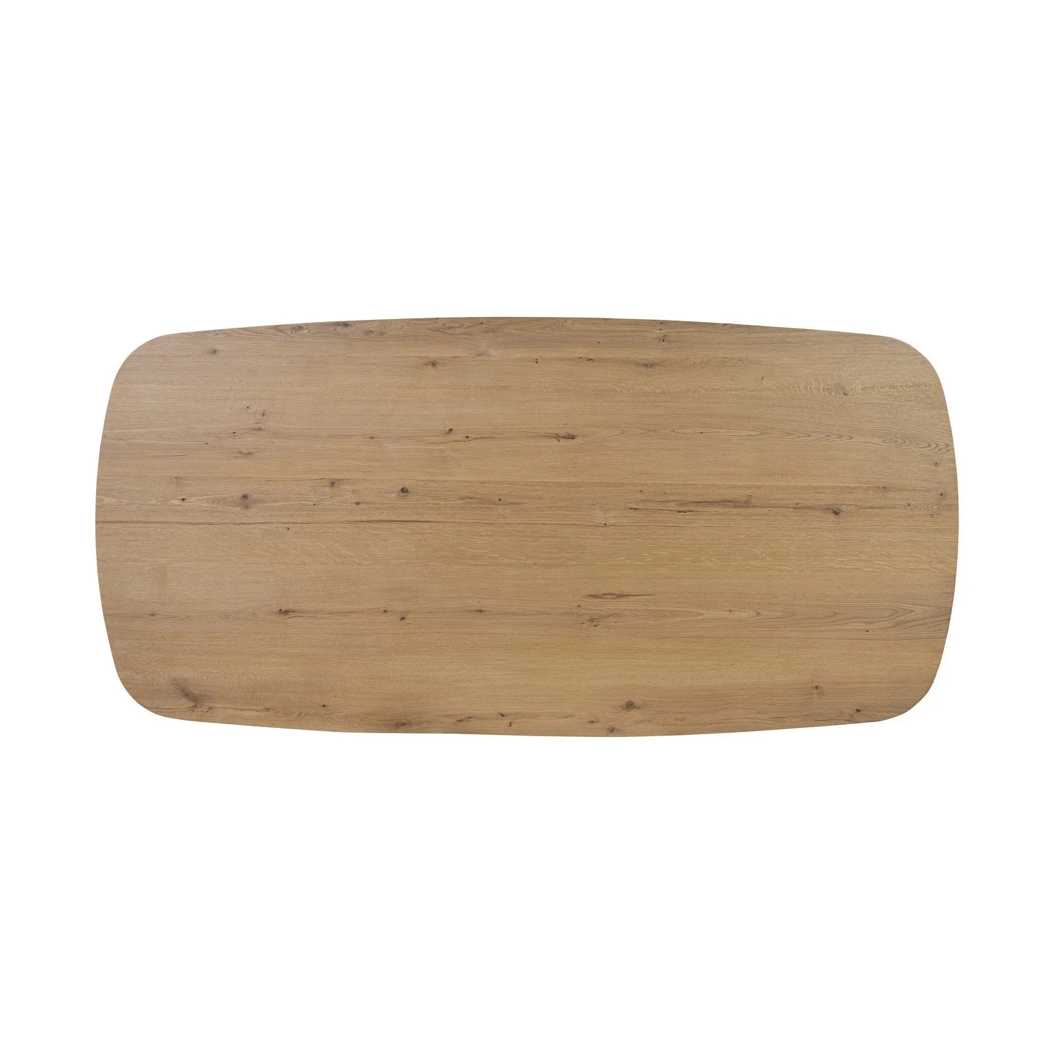 A stately dining style inspired by soft Brutalism. Crafted from aged smoked oak, a pair of matching pedestal bases features a delicate break between them, bringing a touch of lightness to such a substantial piece. A wide rectangular tabletop shapes arched sides that flow into rounded corners, finished off with bullnose edging Amethyst Home provides interior design, new home construction design consulting, vintage area rugs, and lighting in the San Diego metro area.