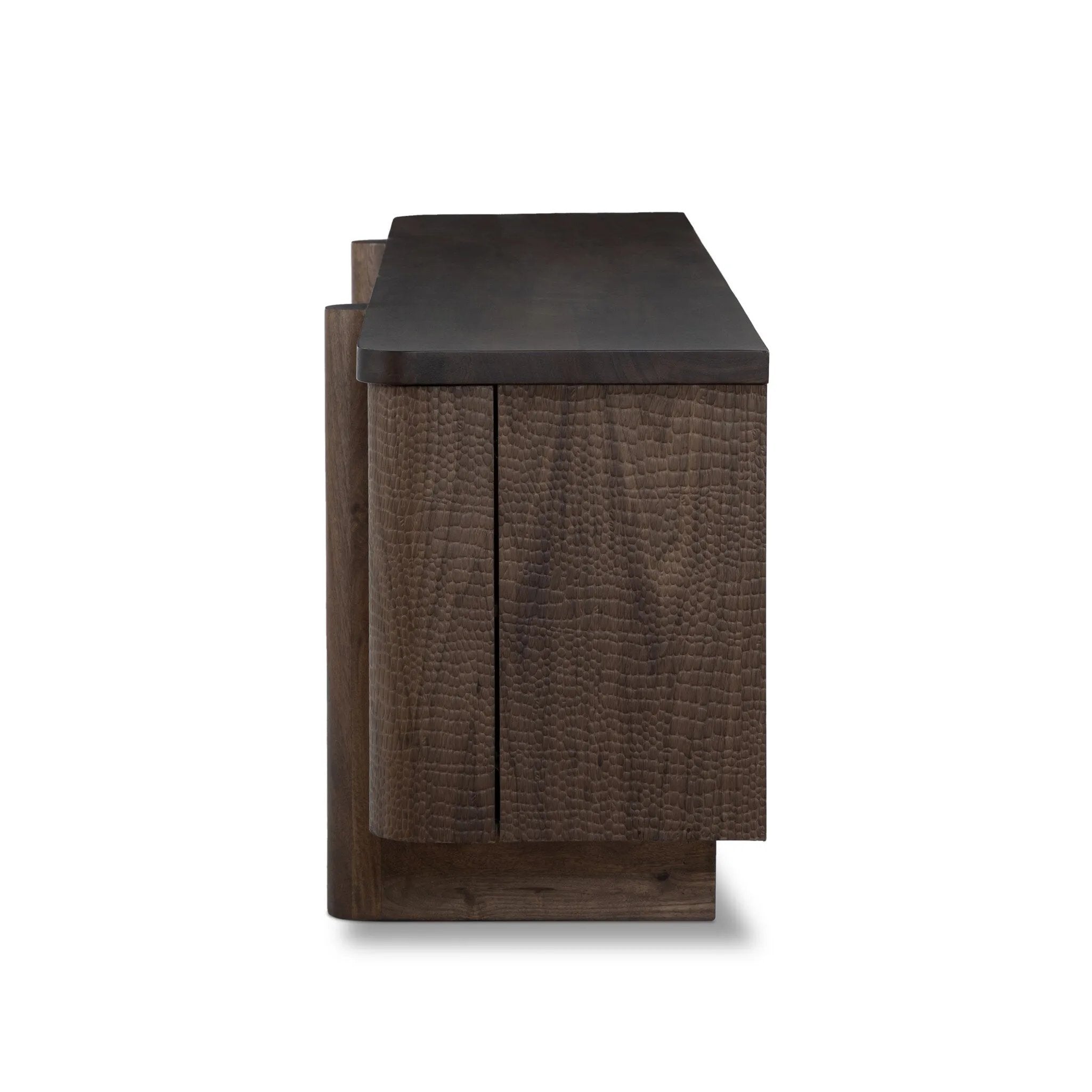 This unique, texture-driven piece offers an updated take on classic crocodile. Made from weathered solid mango, with embossed walnut door fronts. A subtly softened profile balances chunky legs, with bullnose details completing the look. Amethyst Home provides interior design, new home construction design consulting, vintage area rugs, and lighting in the Kansas City metro area.