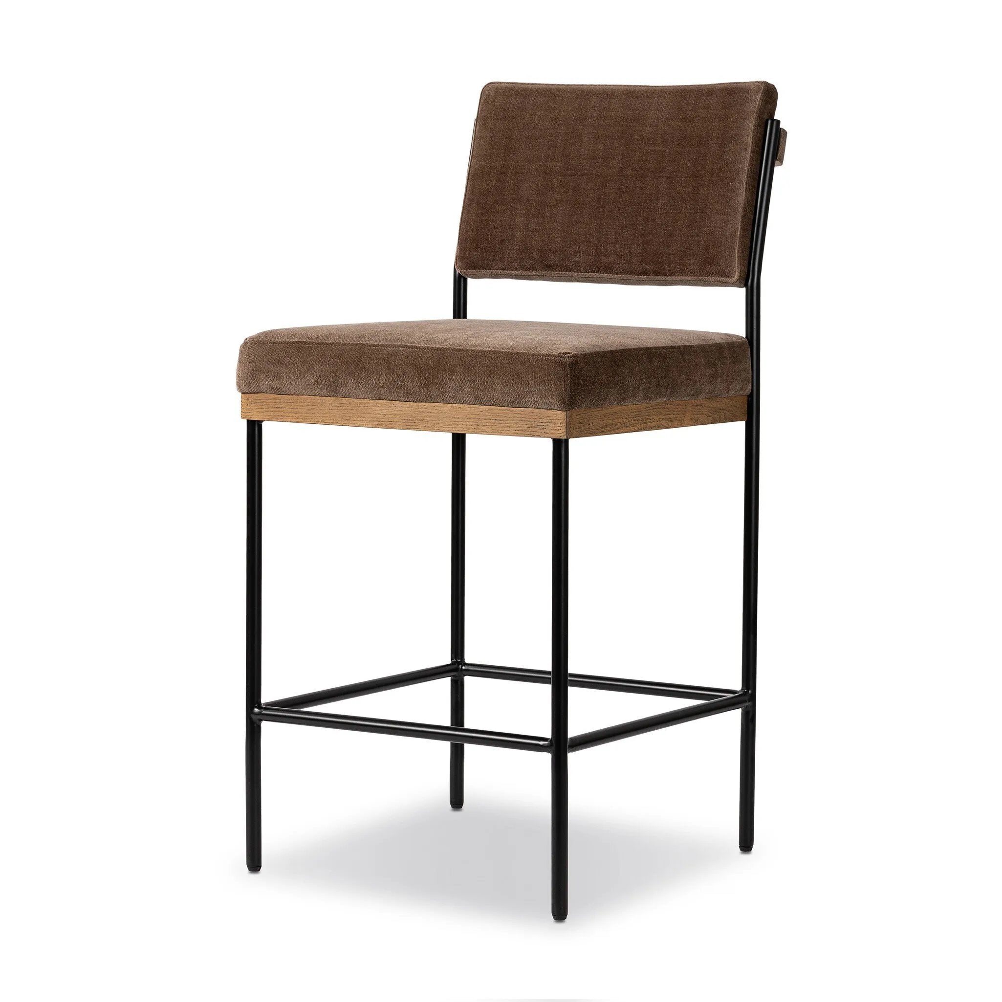 Simple and streamlined with thoughtful details. Slim, black-finished iron frame with solid oak decking, plus black top-grain leather seating for modernity. A stylish staple for any counter Amethyst Home provides interior design, new home construction design consulting, vintage area rugs, and lighting in the Monterey metro area.