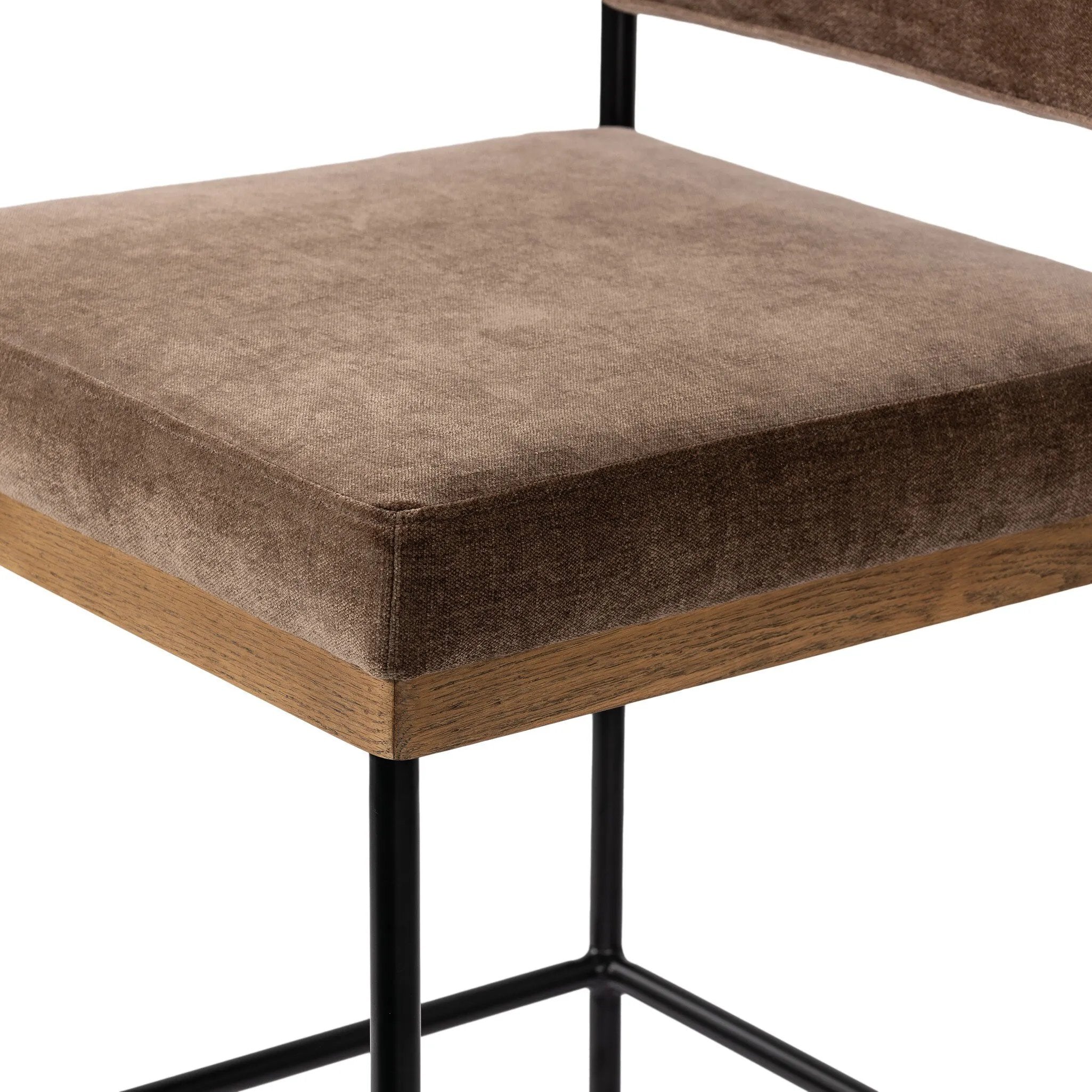 Simple and streamlined with thoughtful details. Slim, black-finished iron frame with solid oak decking, plus black top-grain leather seating for modernity. A stylish staple for any counter Amethyst Home provides interior design, new home construction design consulting, vintage area rugs, and lighting in the Newport Beach metro area.