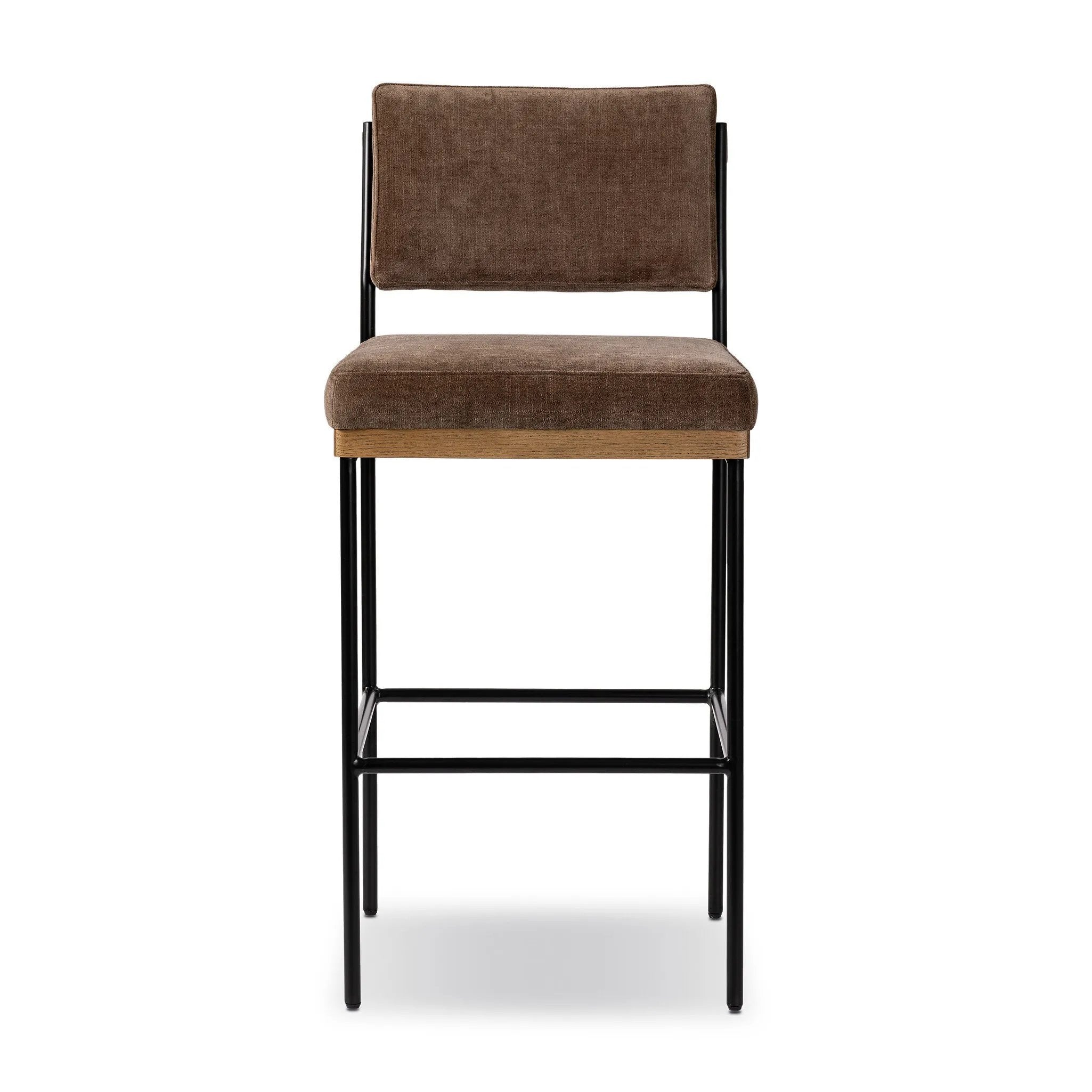 Simple and streamlined with thoughtful details. Slim, black-finished iron frame with solid oak decking, plus black top-grain leather seating for modernity. A stylish staple for any counter Amethyst Home provides interior design, new home construction design consulting, vintage area rugs, and lighting in the Portland metro area.