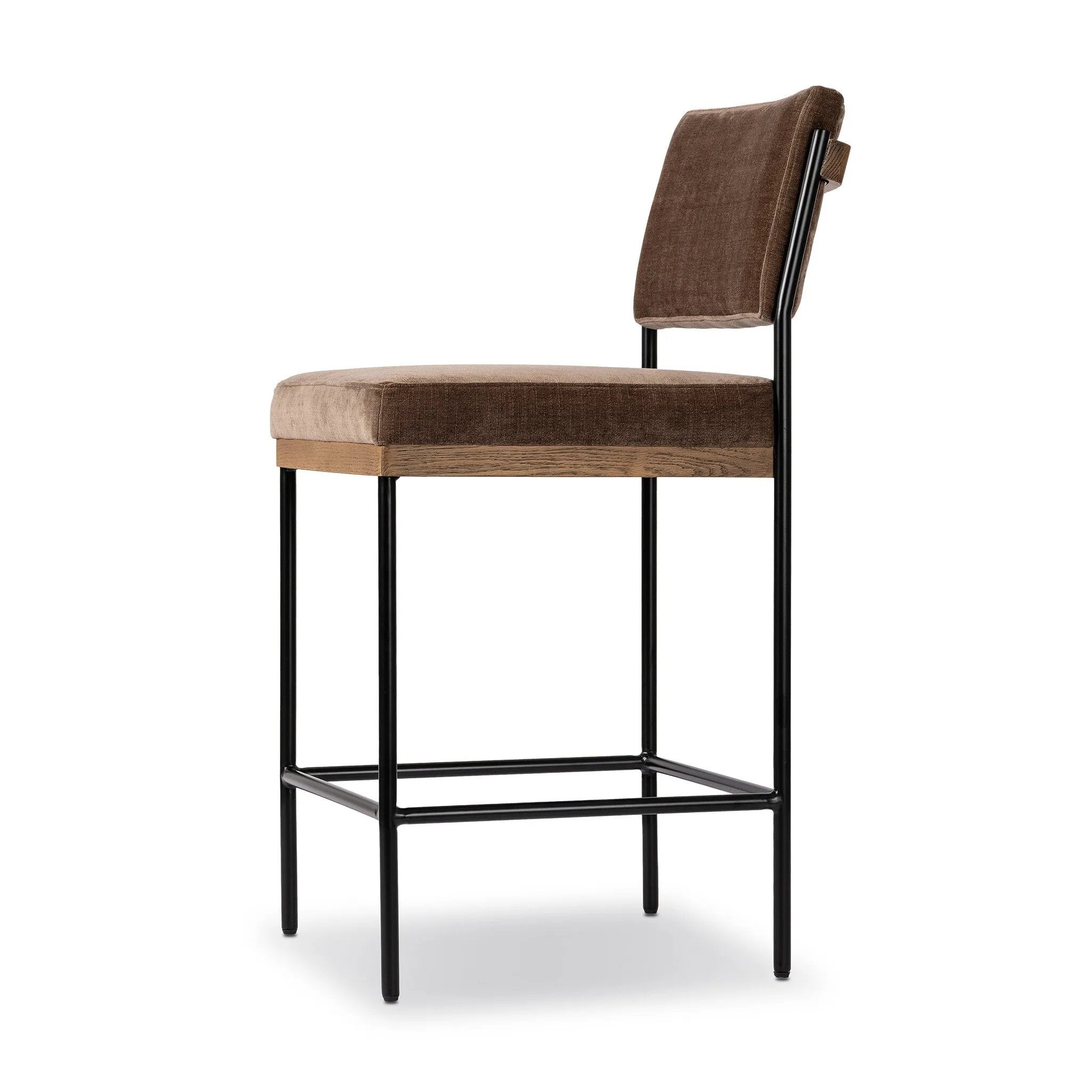 Simple and streamlined with thoughtful details. Slim, black-finished iron frame with solid oak decking, plus black top-grain leather seating for modernity. A stylish staple for any counter Amethyst Home provides interior design, new home construction design consulting, vintage area rugs, and lighting in the Scottsdale metro area.