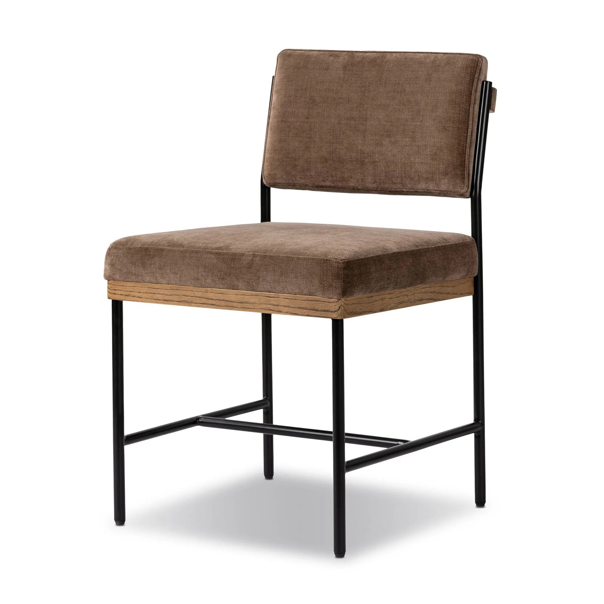 Bring a luxe, modern look to the table. Slim, black-finished iron forms an airy frame for black top-grain leather, with solid oak decking for an eye-catching material mix Amethyst Home provides interior design, new home construction design consulting, vintage area rugs, and lighting in the Austin metro area.