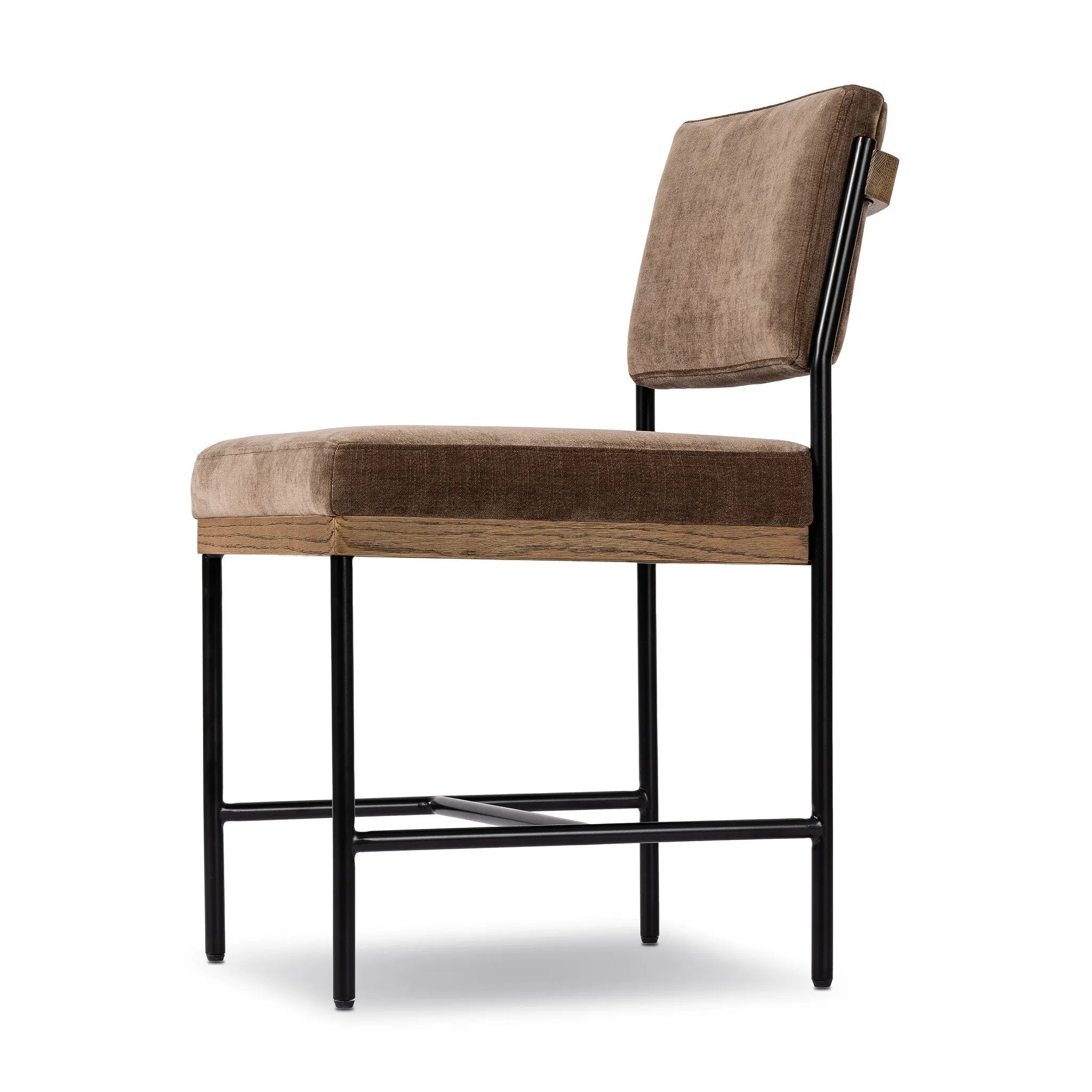 Bring a luxe, modern look to the table. Slim, black-finished iron forms an airy frame for black top-grain leather, with solid oak decking for an eye-catching material mix Amethyst Home provides interior design, new home construction design consulting, vintage area rugs, and lighting in the Charlotte metro area.