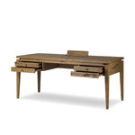 Warm up your workspace with this light-finished writing desk of rich character oak. Tapered legs and subtle corner relief details create a simplified look that complements a home office or flex space. Amethyst Home provides interior design, new home construction design consulting, vintage area rugs, and lighting in the Alpharetta metro area.