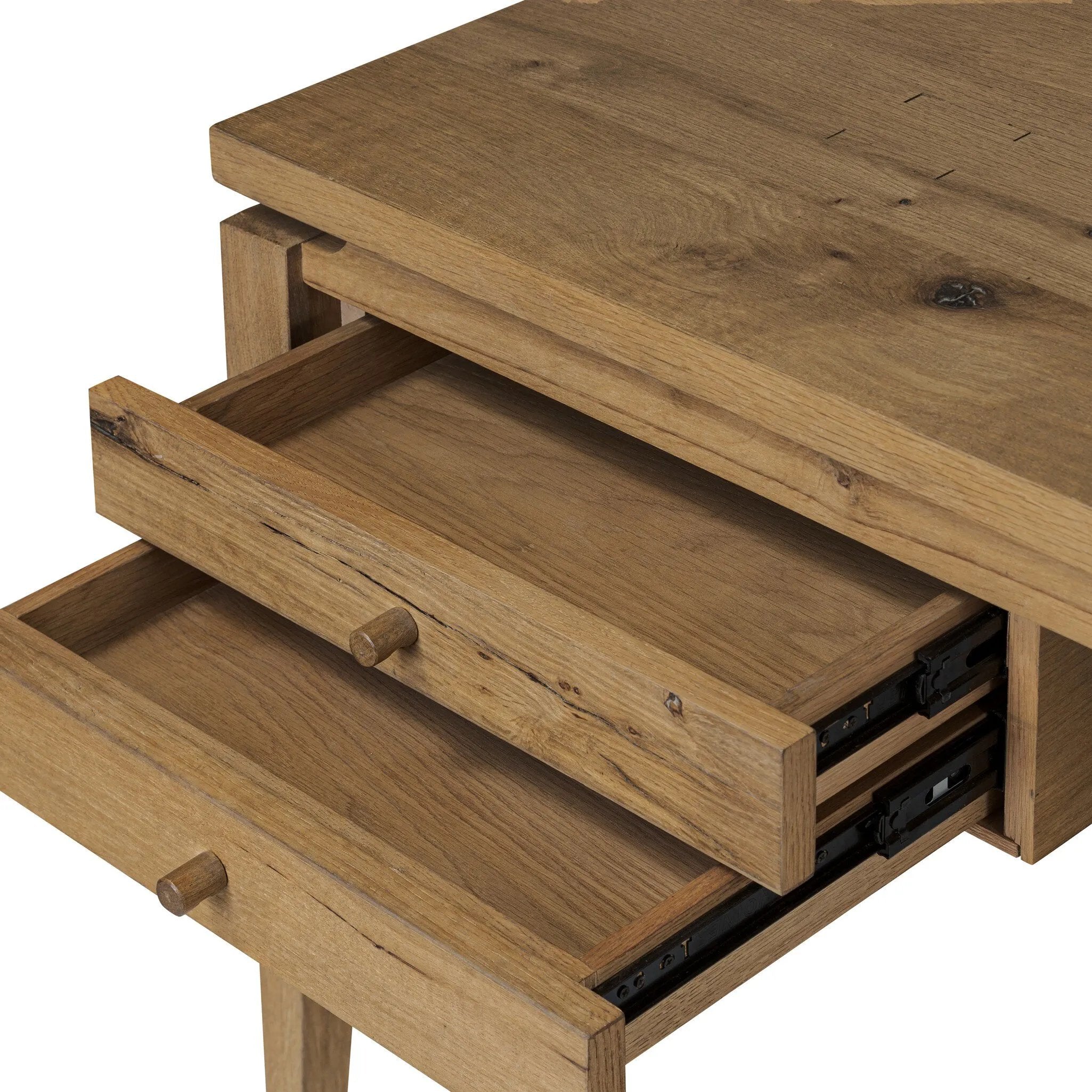 Warm up your workspace with this light-finished writing desk of rich character oak. Tapered legs and subtle corner relief details create a simplified look that complements a home office or flex space. Amethyst Home provides interior design, new home construction design consulting, vintage area rugs, and lighting in the Los Angeles metro area.